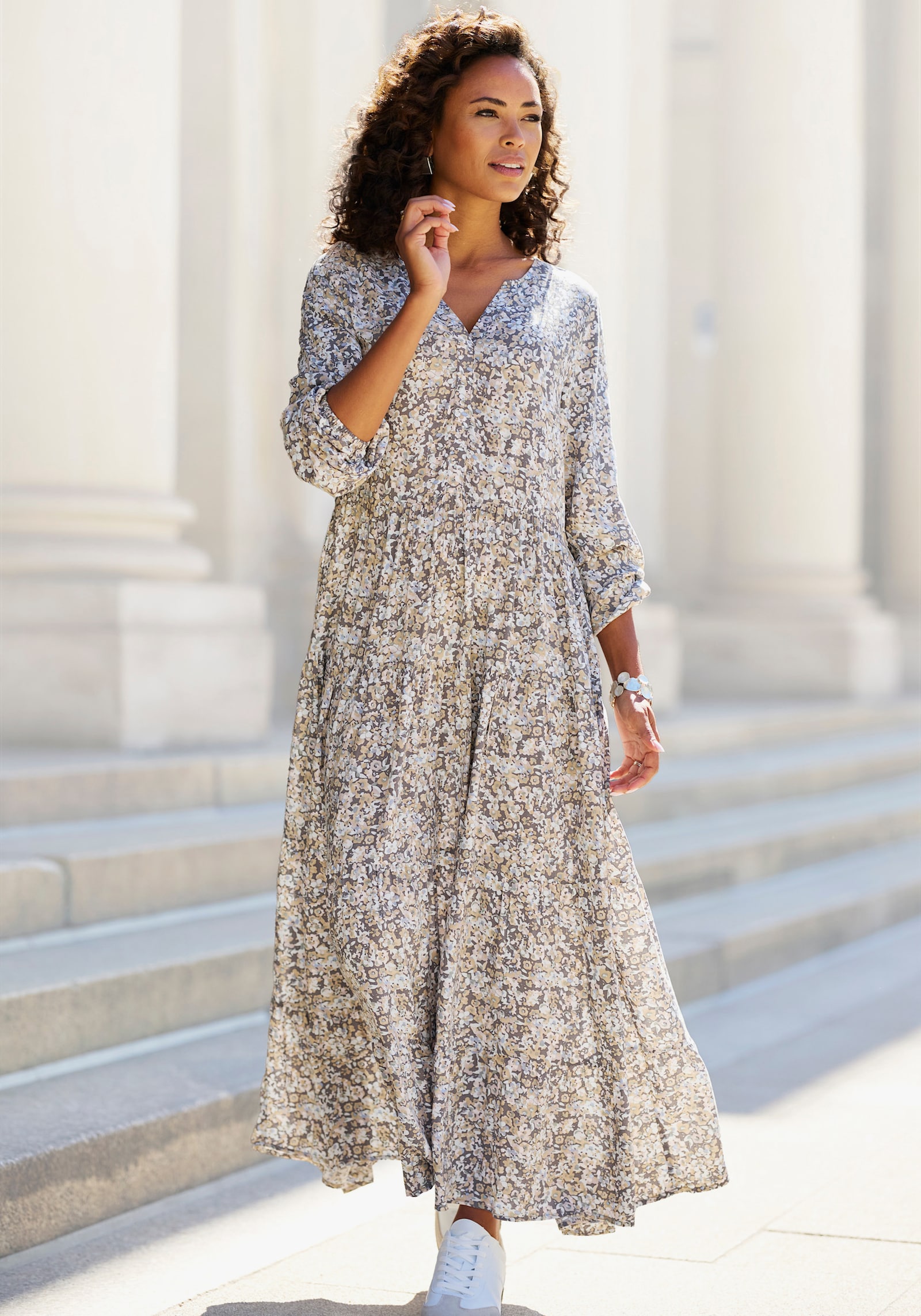 Vivance Maxikleid - grau-beige bedruckt