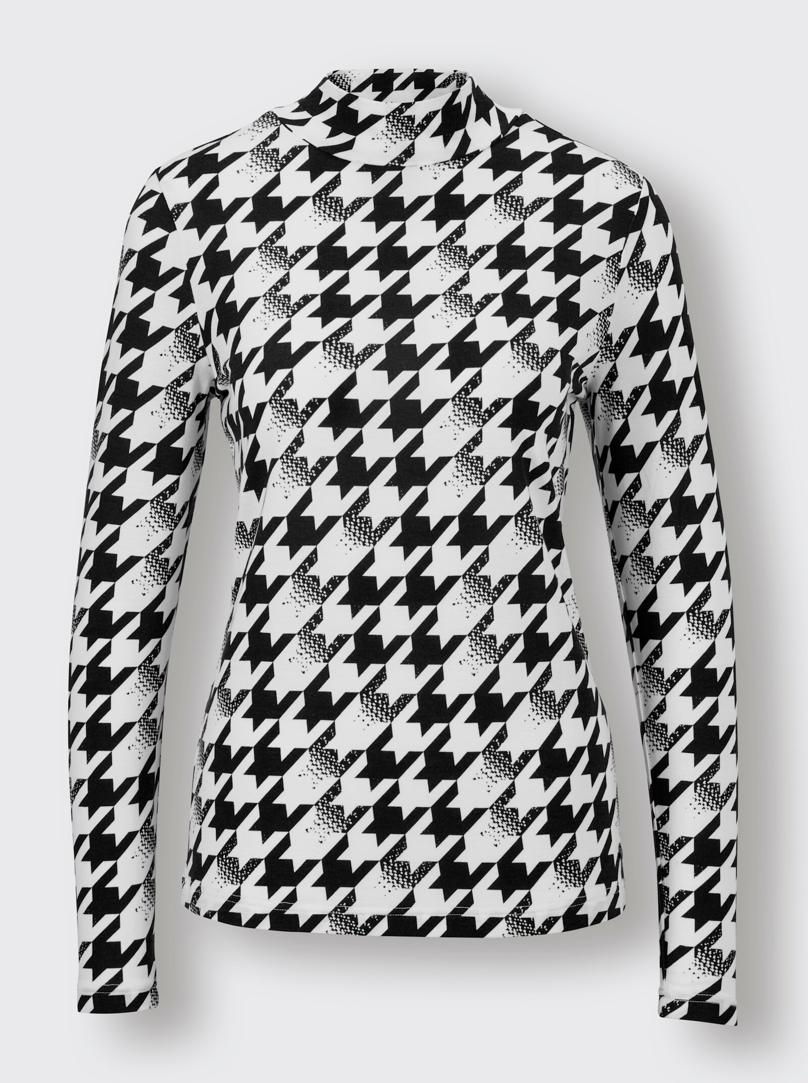 CREATION L PREMIUM Stehkragenshirt mit wärmender Wolle - schwarz-ecru-bedruckt