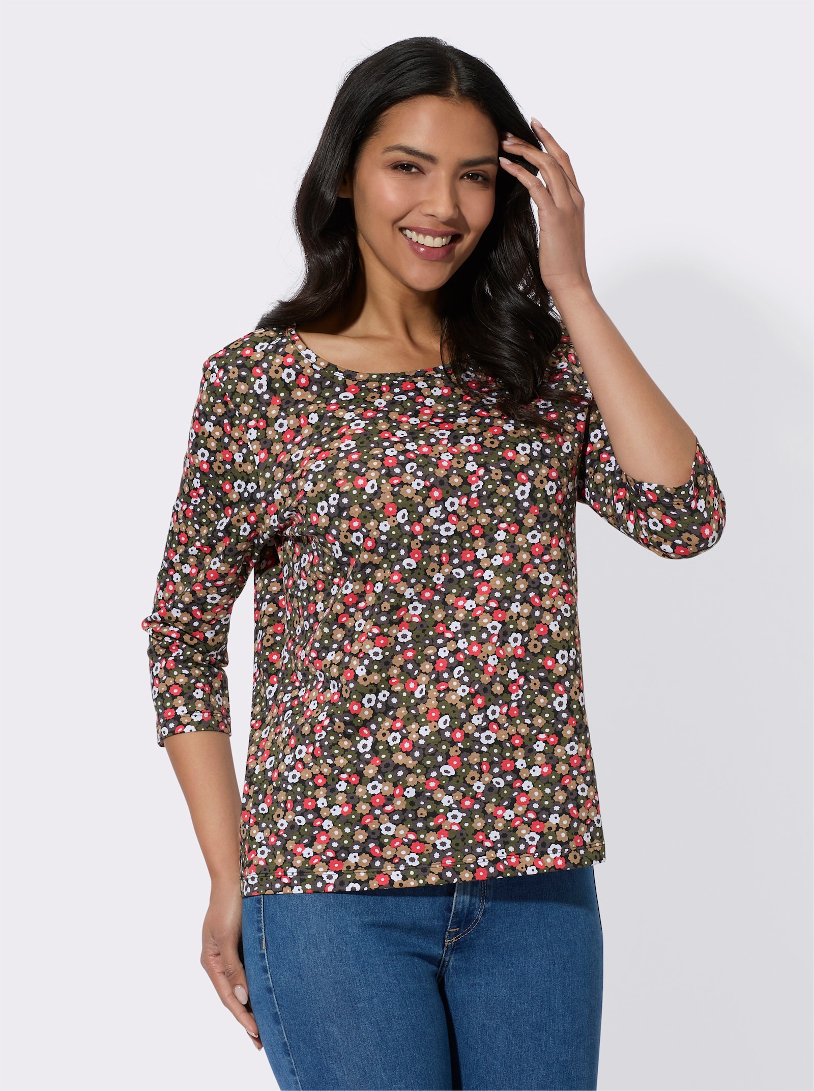 3/4-Arm-Shirt mit Blümchen-Muster - grapefruit-oliv-bedruckt