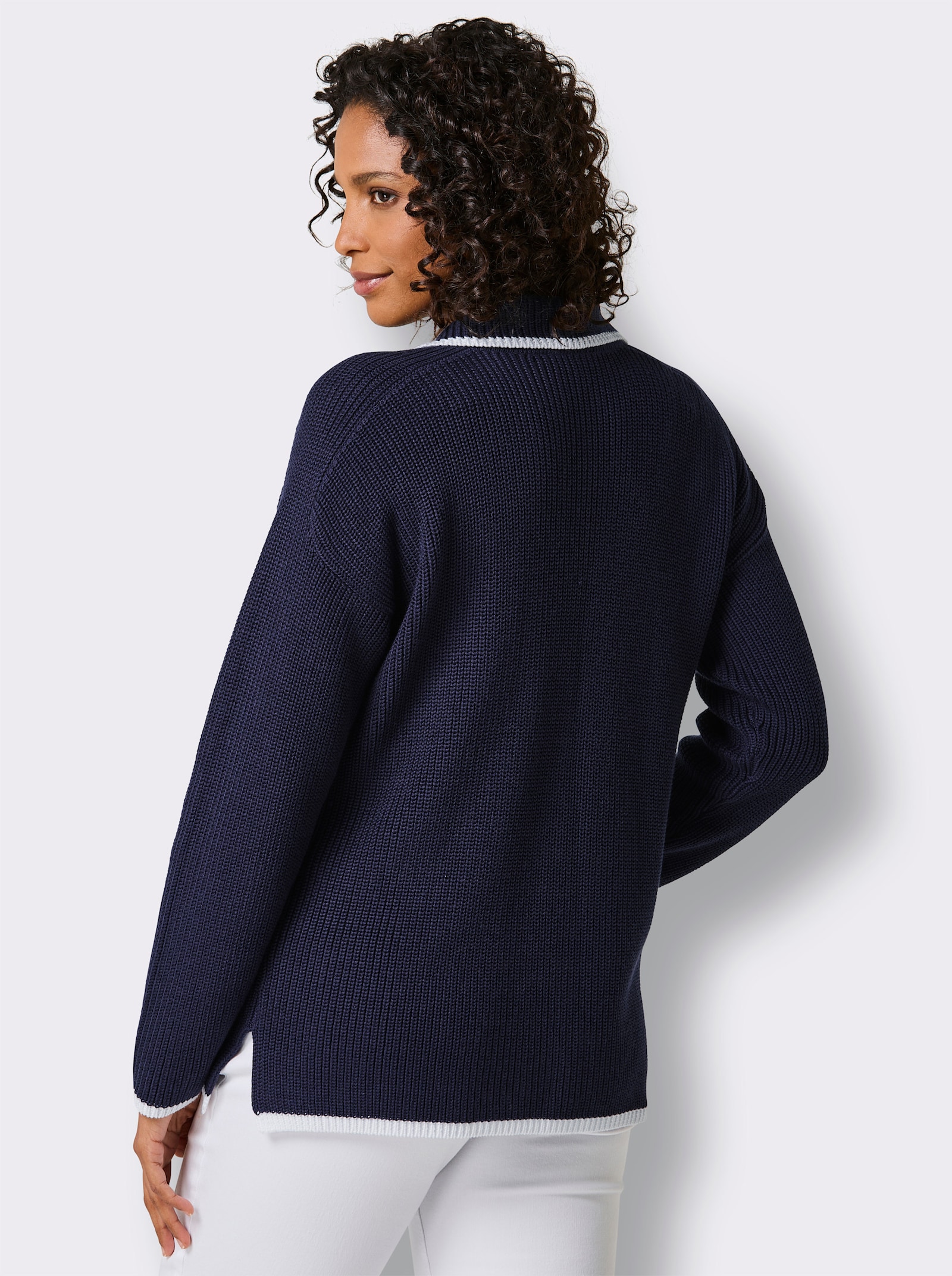 CREATION L PREMIUM Polopullover in Feinripp-Struktur - marine