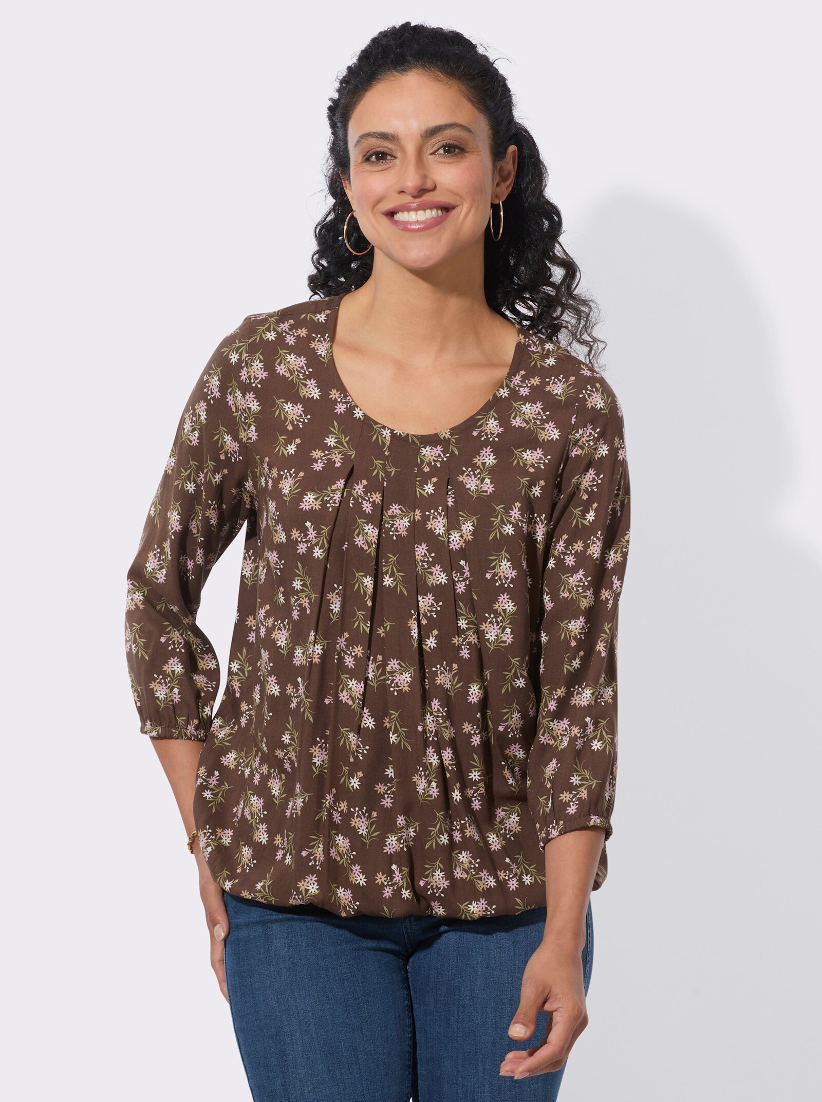  Druckbluse mit elastischem Saum - schoko-camel-bedruckt