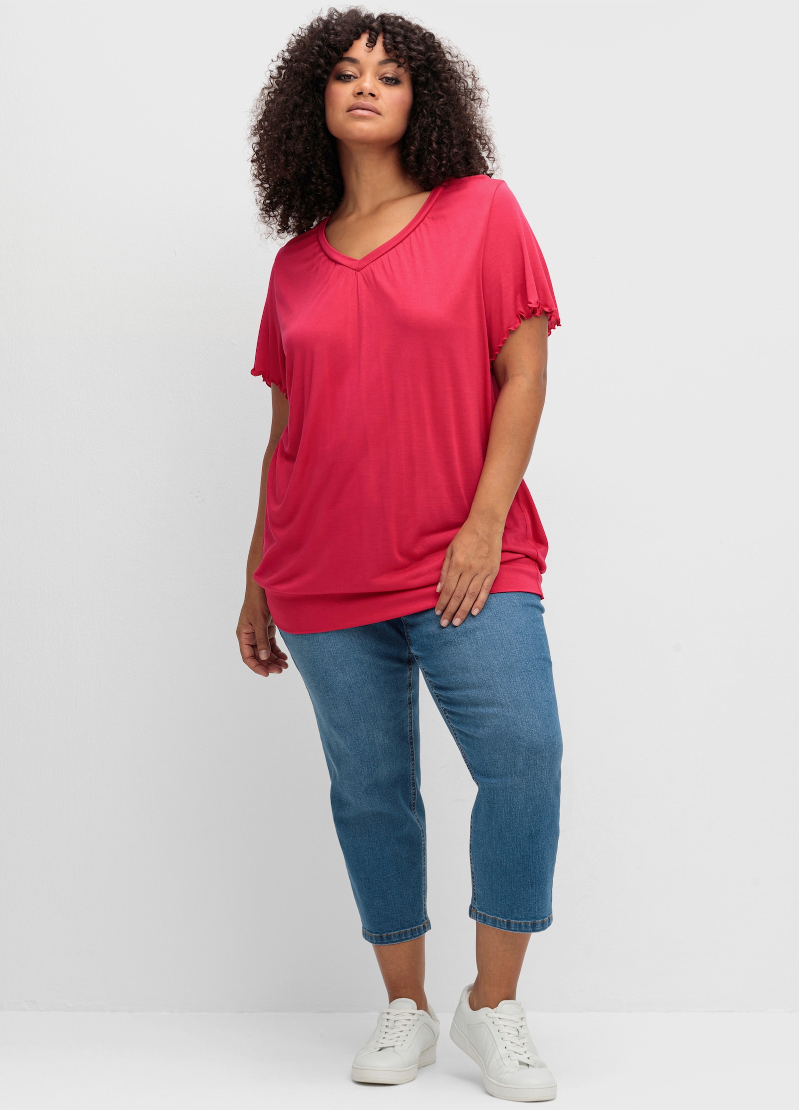 sheego T-Shirt mit breitem Bund und Flügelärmeln - sorbet pink