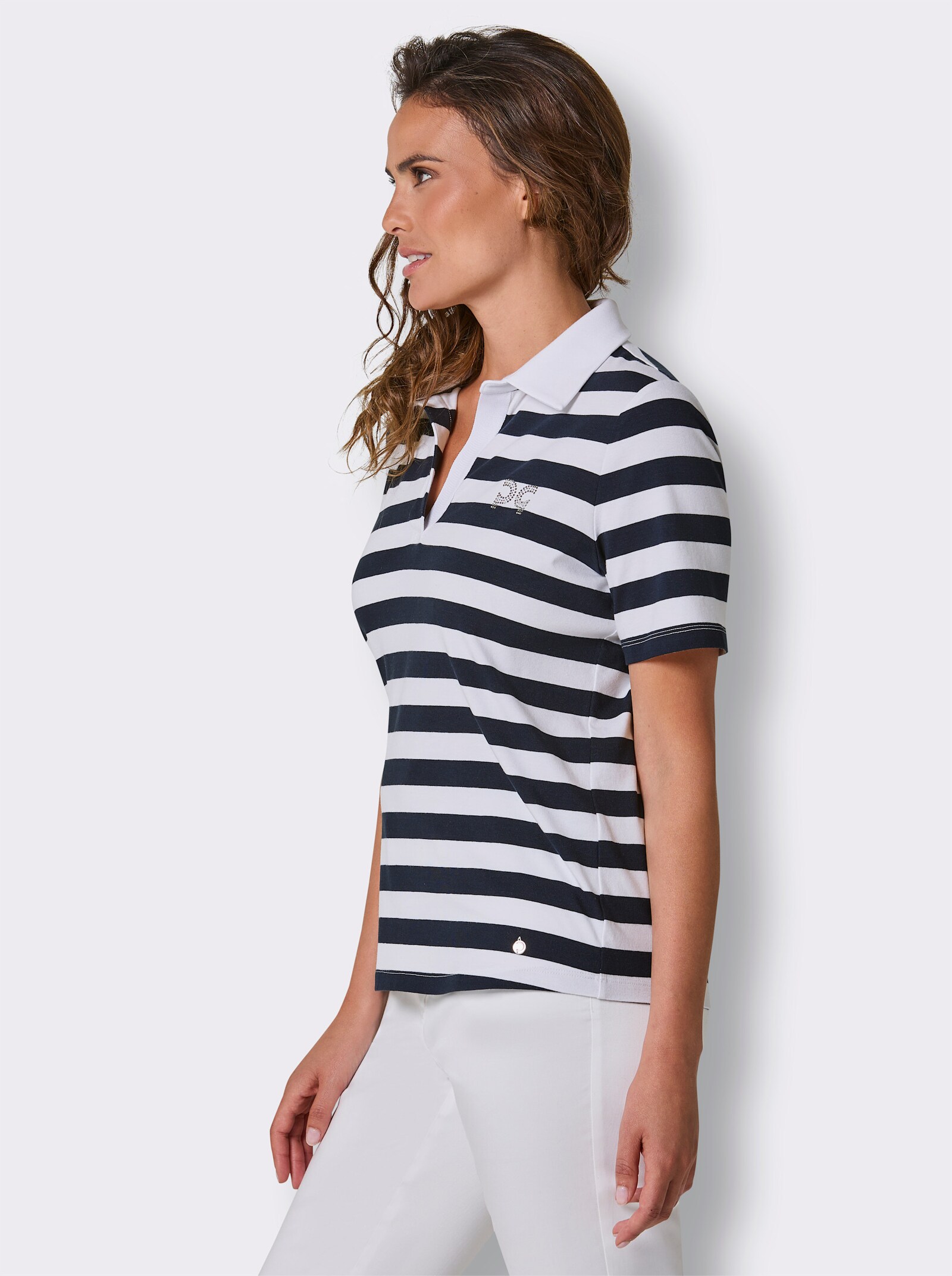CREATION L PREMIUM Poloshirt mit Schmucksteinchen - marine-weiß-geringelt