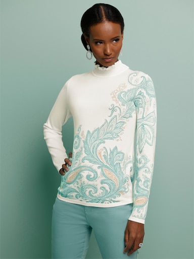 Langarm-Pullover mit einfarbigem Rückenteil - ecru-salbei-bedruckt