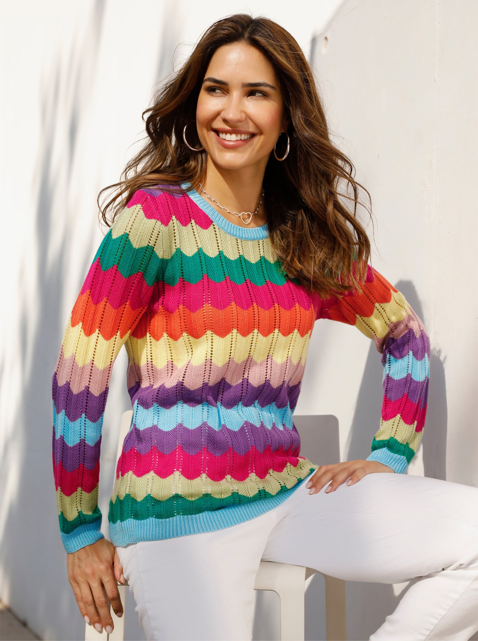 Ajourpullover mit Ringel-Muster - pink-aqua-gemustert