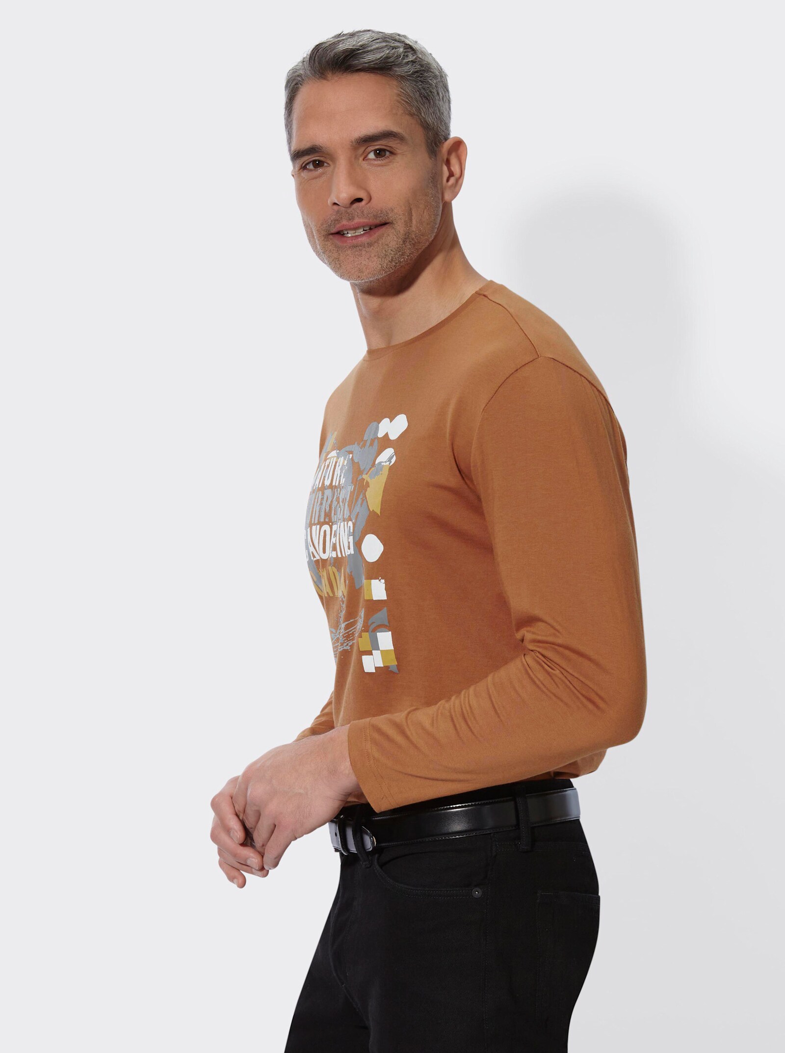 Langarmshirt mit Druckmotiv - cognac