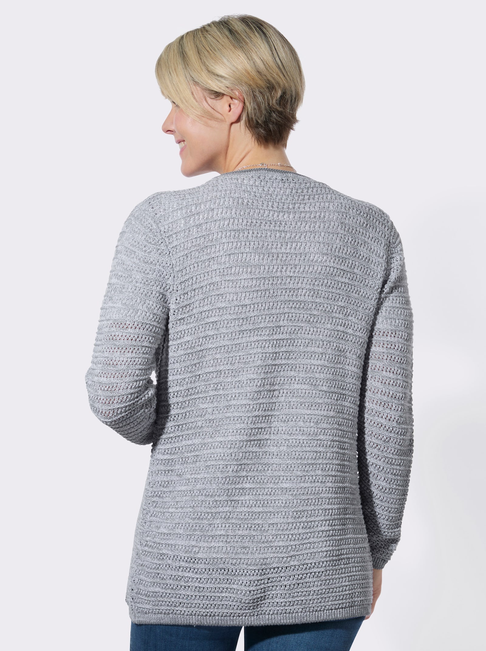 Strickjacke im Ajourmuster - steingrau-meliert