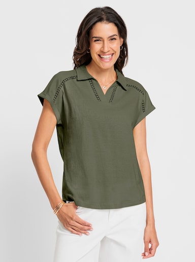 V-Shirt mit transparentem Spitzenband an der Schulter - khaki
