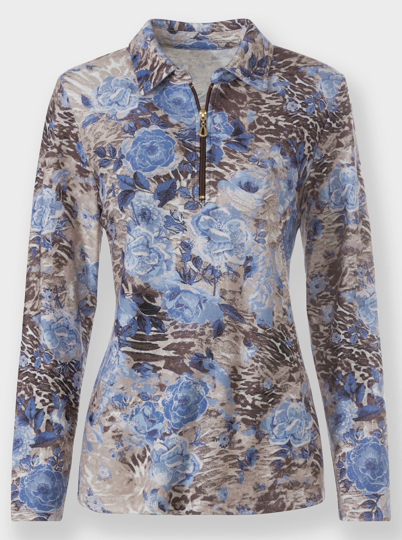 Poloshirt mit Blüten-Tierfell-Muster - bleu-sesam-bedruckt