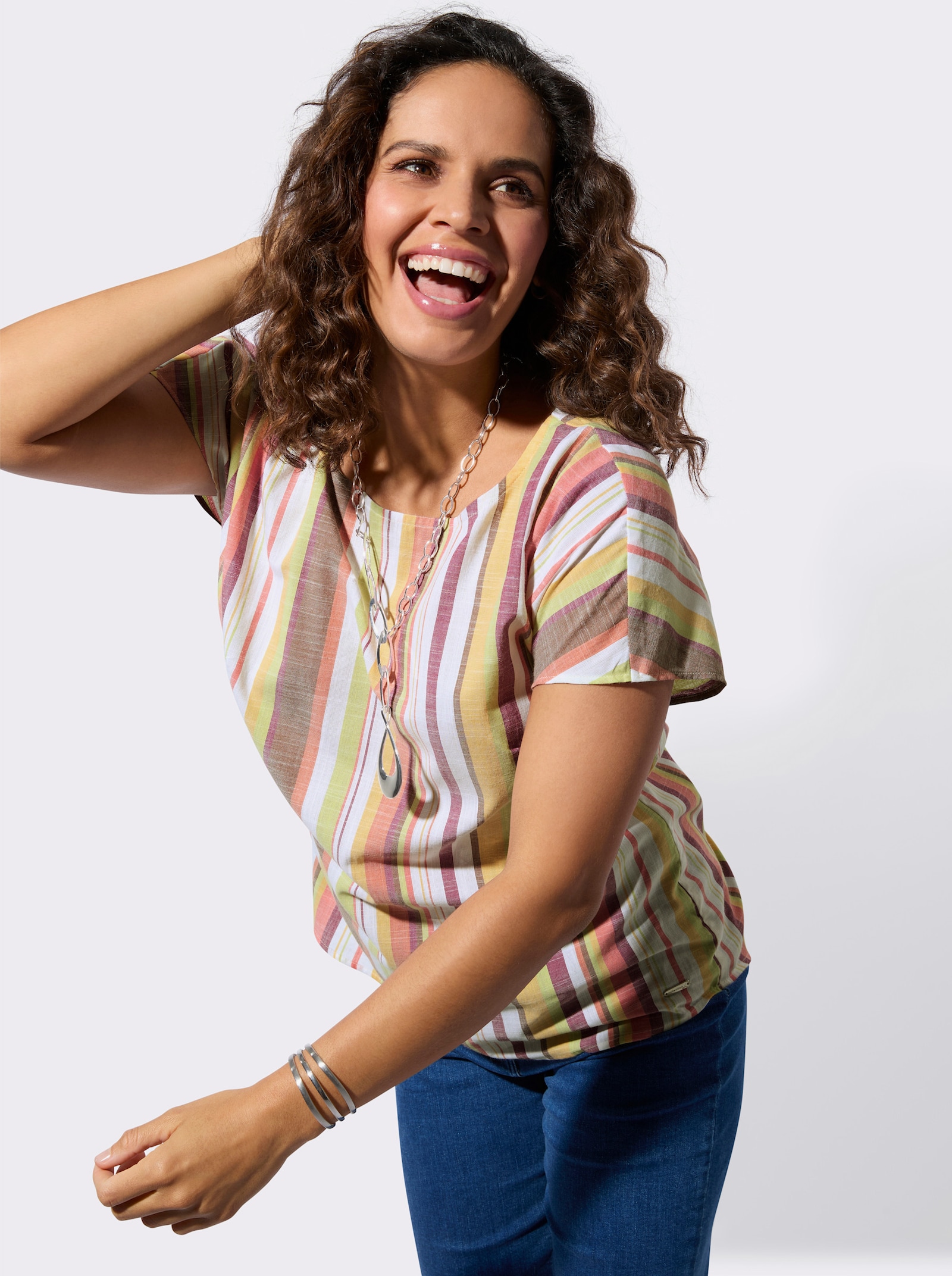 Gestreifte Bluse mit Rundhals-Ausschnitt - pistazie-ecru-gestreift