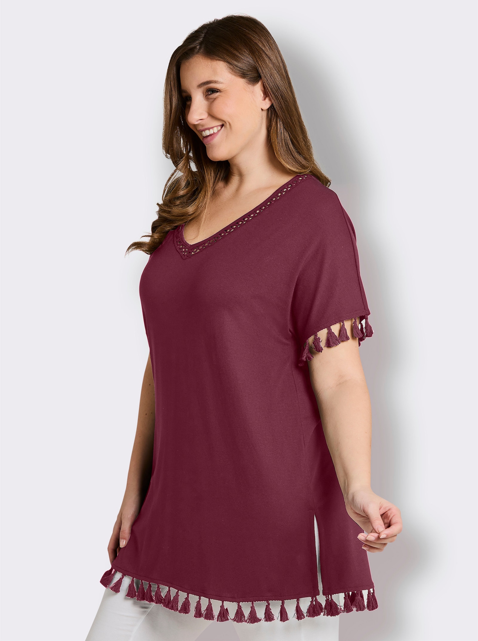sheego Longshirt mit Quasten - bordeaux