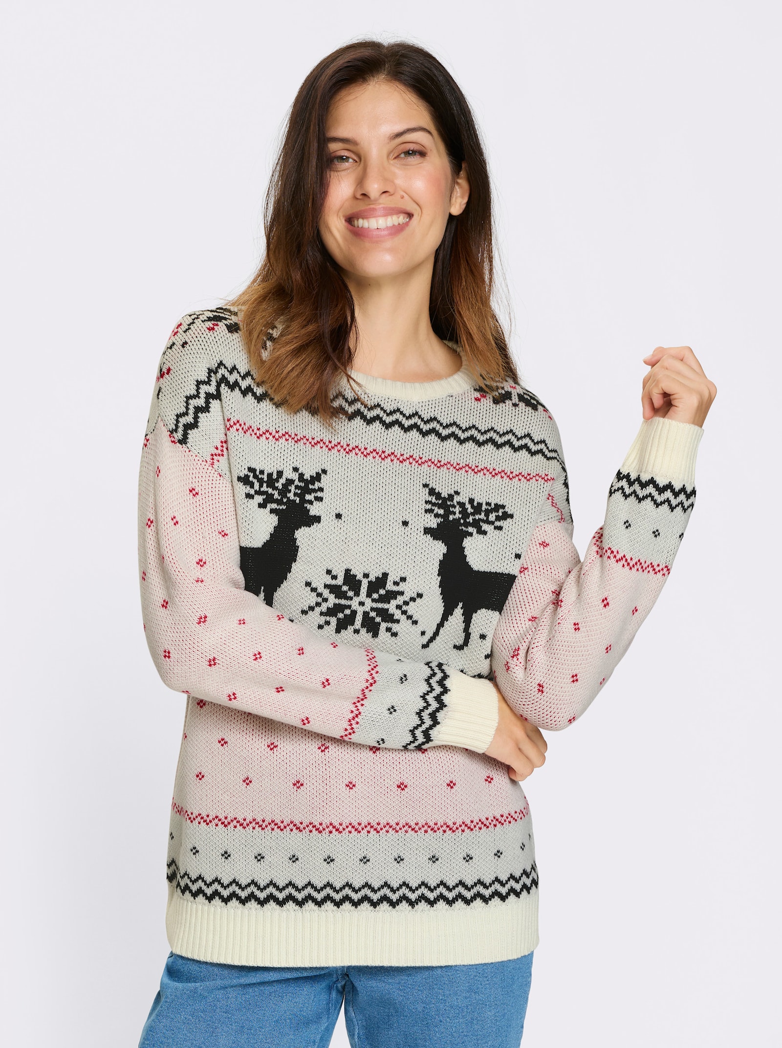 Langarm-Pullover mit Rentier-Motiv - ecru-schwarz-gemustert
