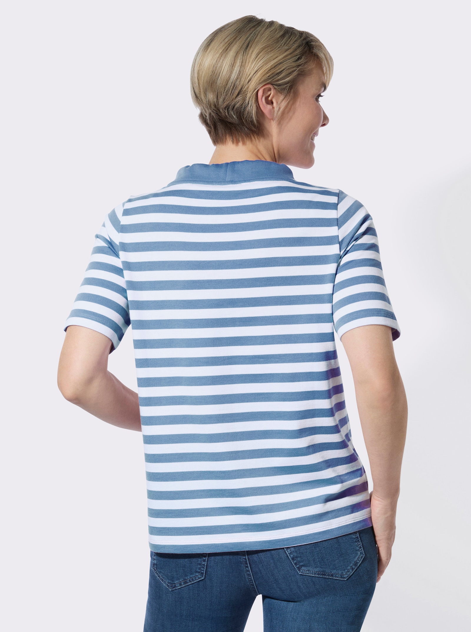 Sweatshirt in Interlock-Qualität - mittelblau-ecru-geringelt