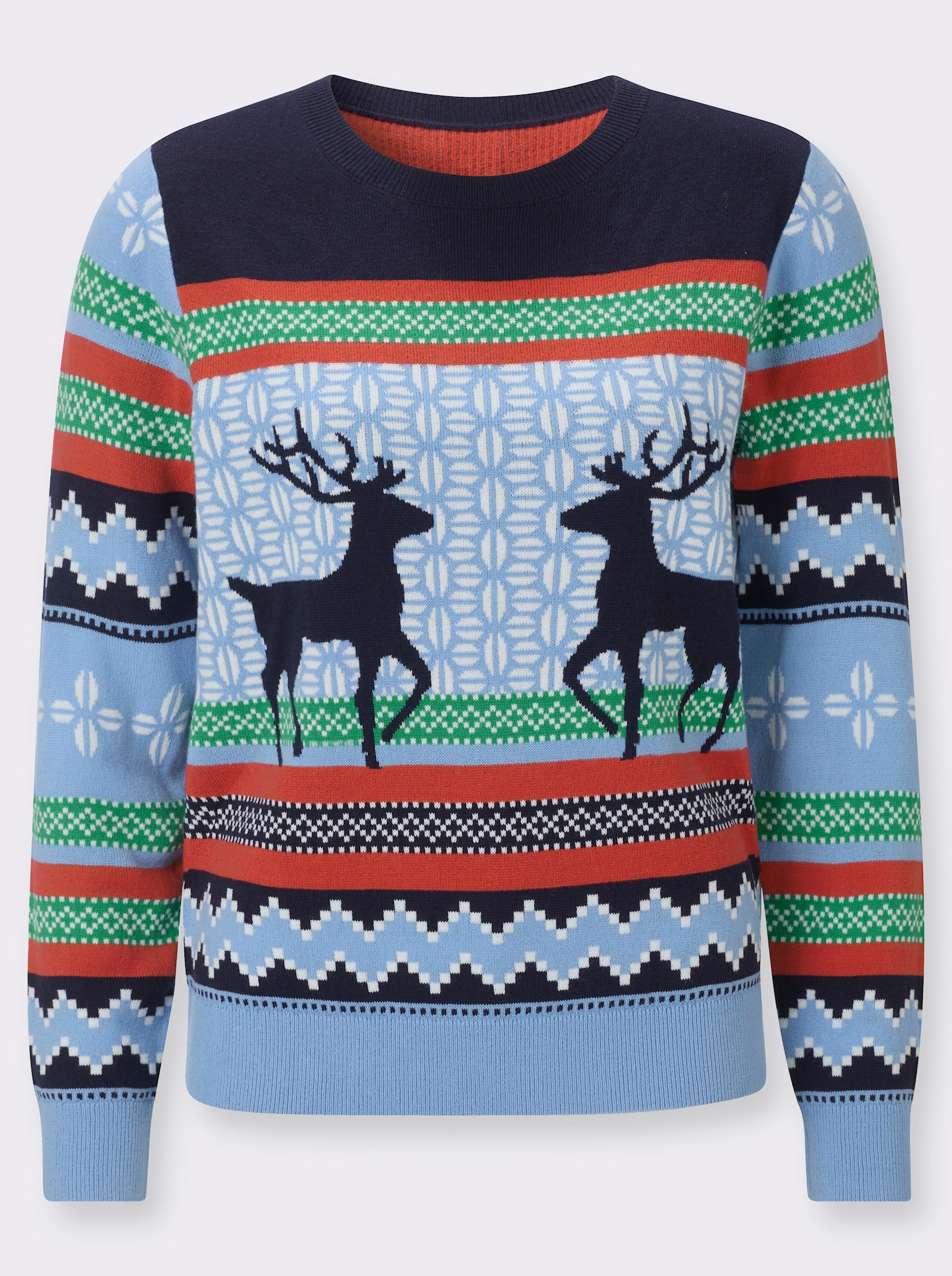 Norwegerpullover mit gerippten Bündchen - marine-himmelblau-gemustert