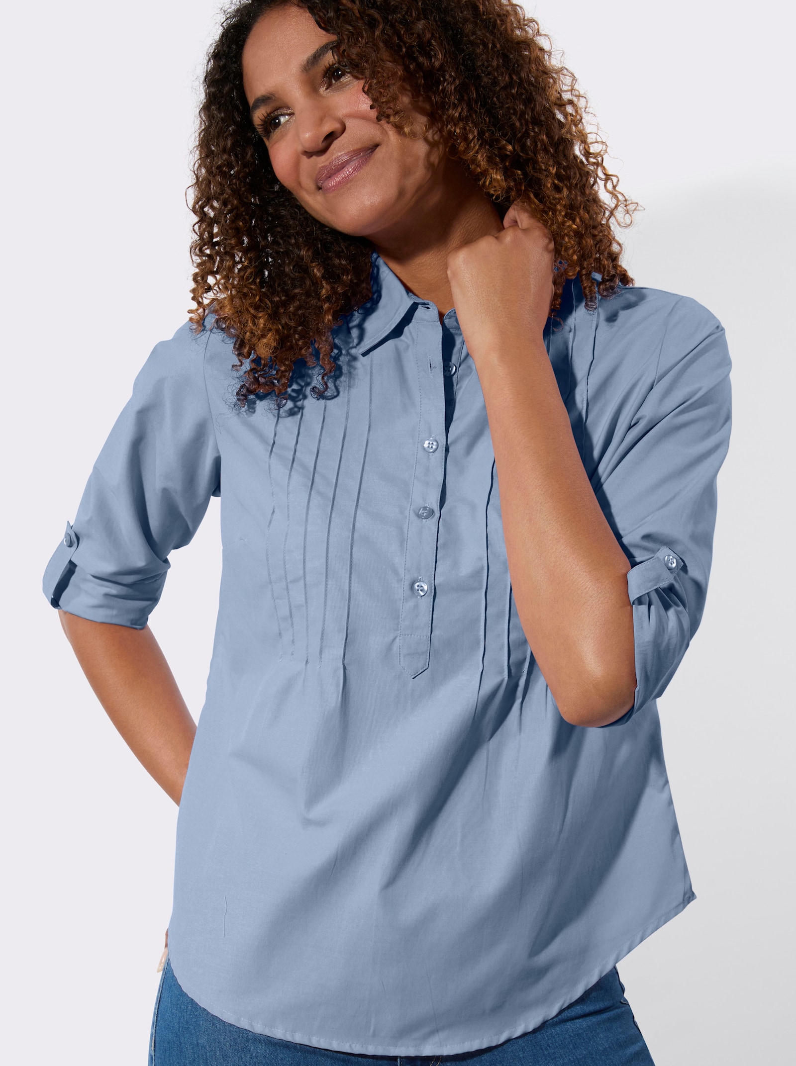 Hemdbluse mit krempelbaren Ärmeln - bleu