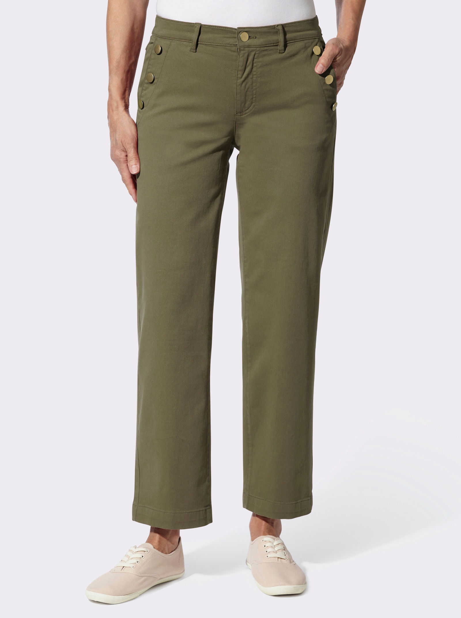 Stretch-Hose mit goldfarbenen Schmuckknöpfen - oliv