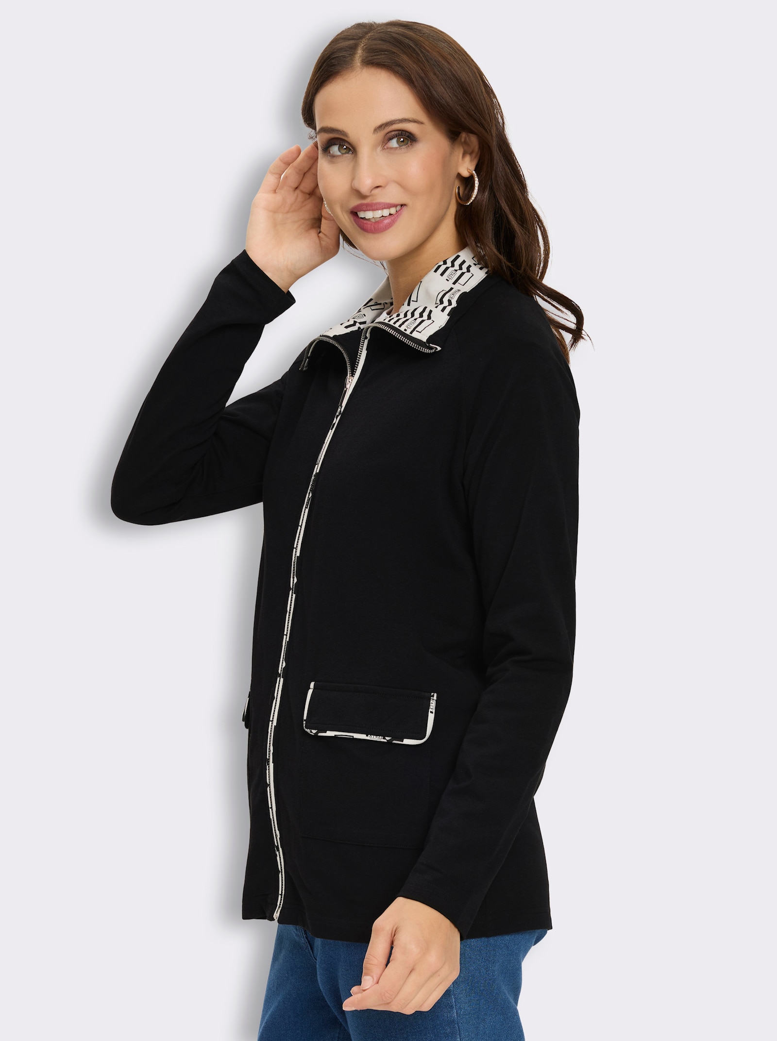Shirtjacke mit aufgesetzten Pattentaschen - schwarz-ecru