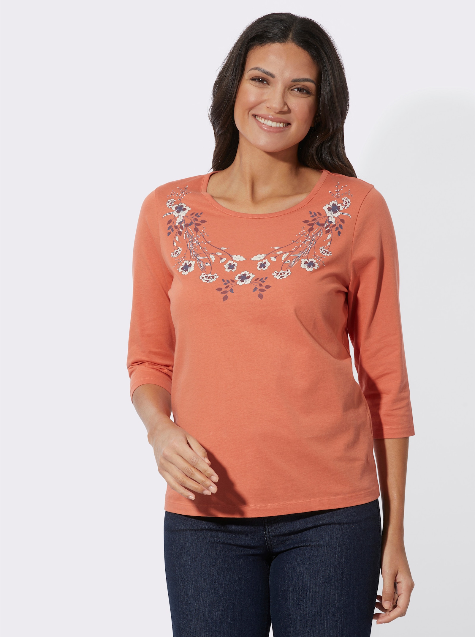 Tričko s 3/4 rukávem a květinovým vzorem - papája-šampaňská