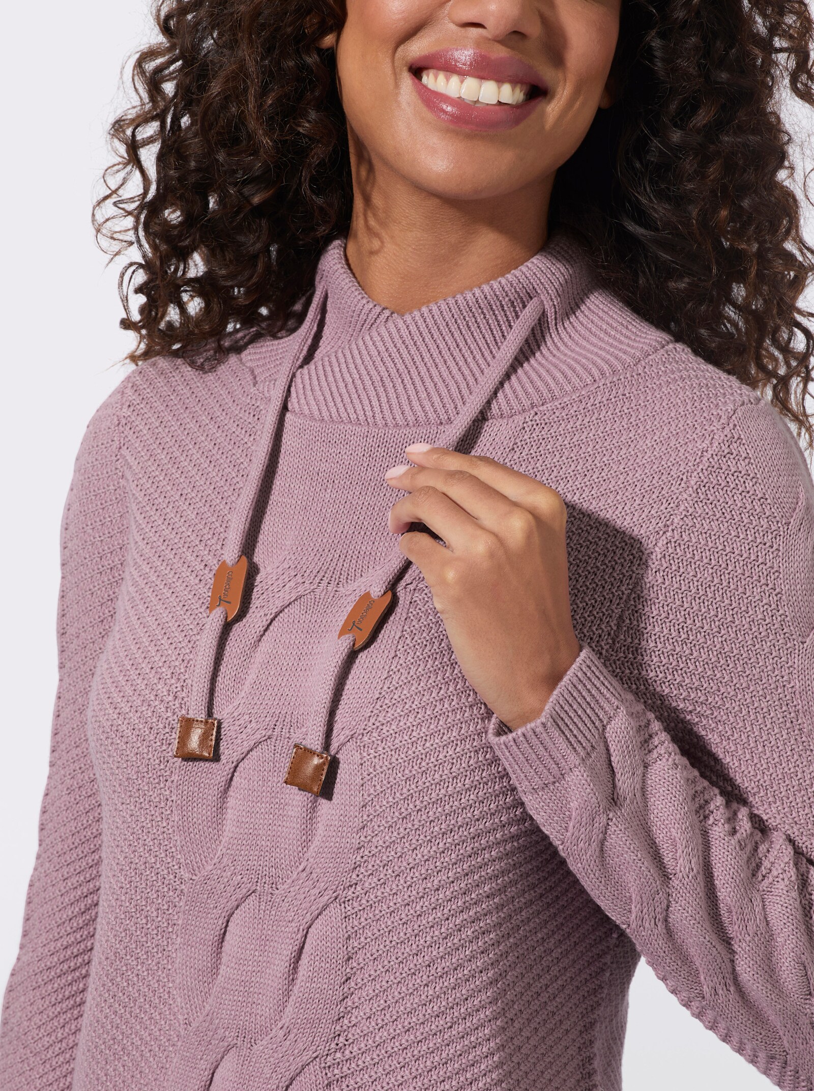  Longpullover mit Zopfmuster - mauve-meliert
