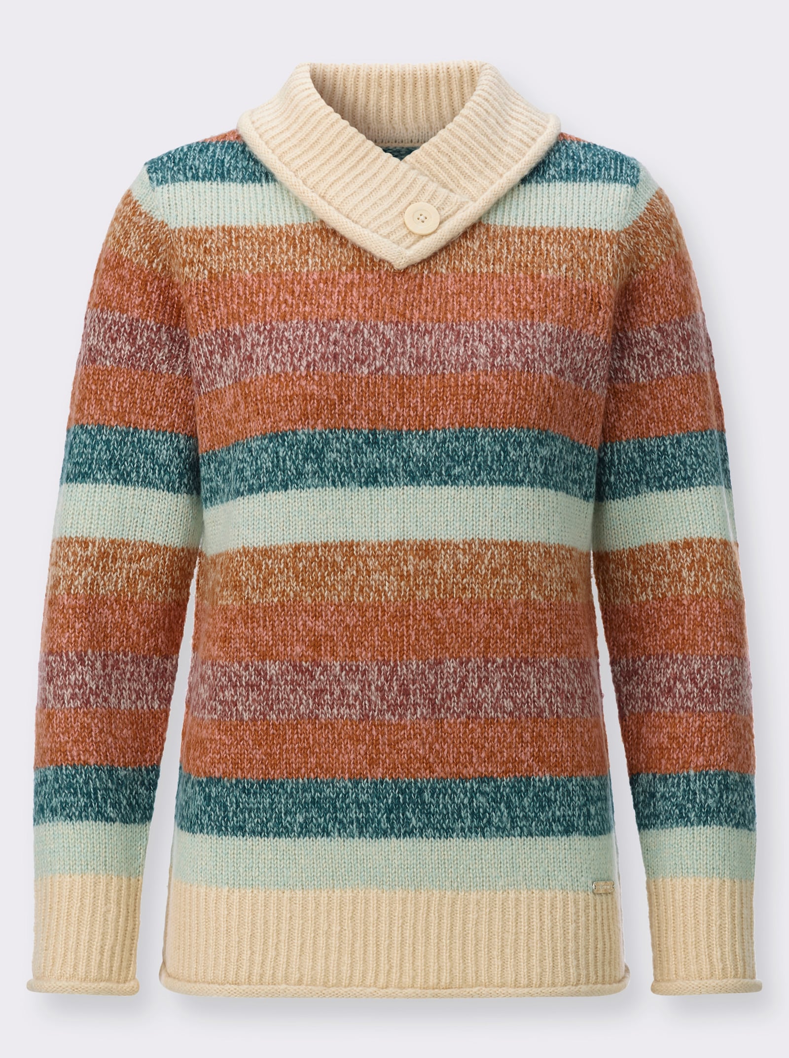 Stehkragenpullover mit Rollkanten - kalkmint-flamingo-geringelt