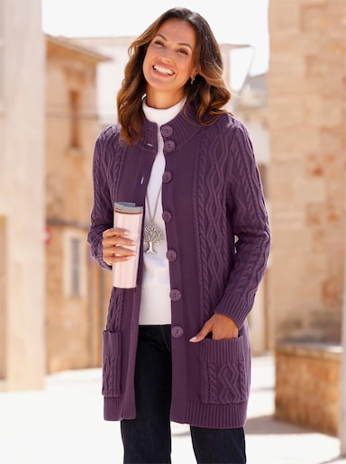 Longstrickjacke mit Zopfmuster rundum - traube