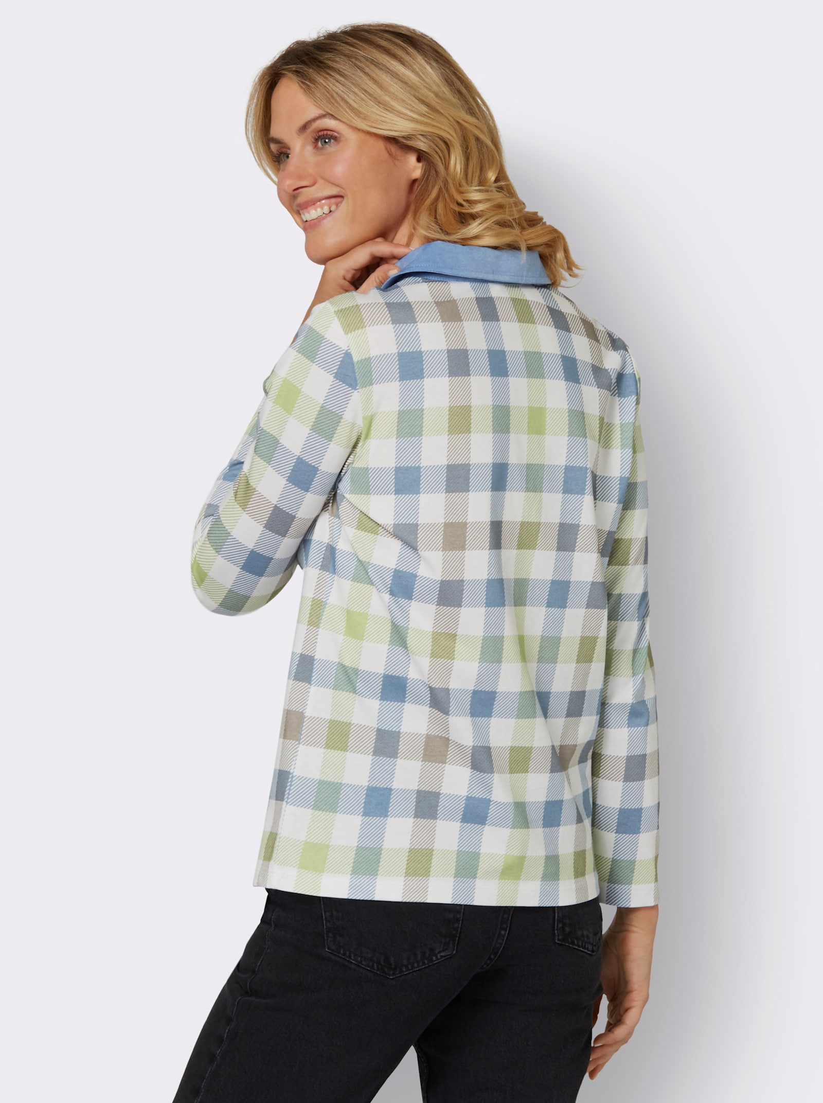 Poloshirt im Karo-Dessin - ecru-bleu-bedruckt