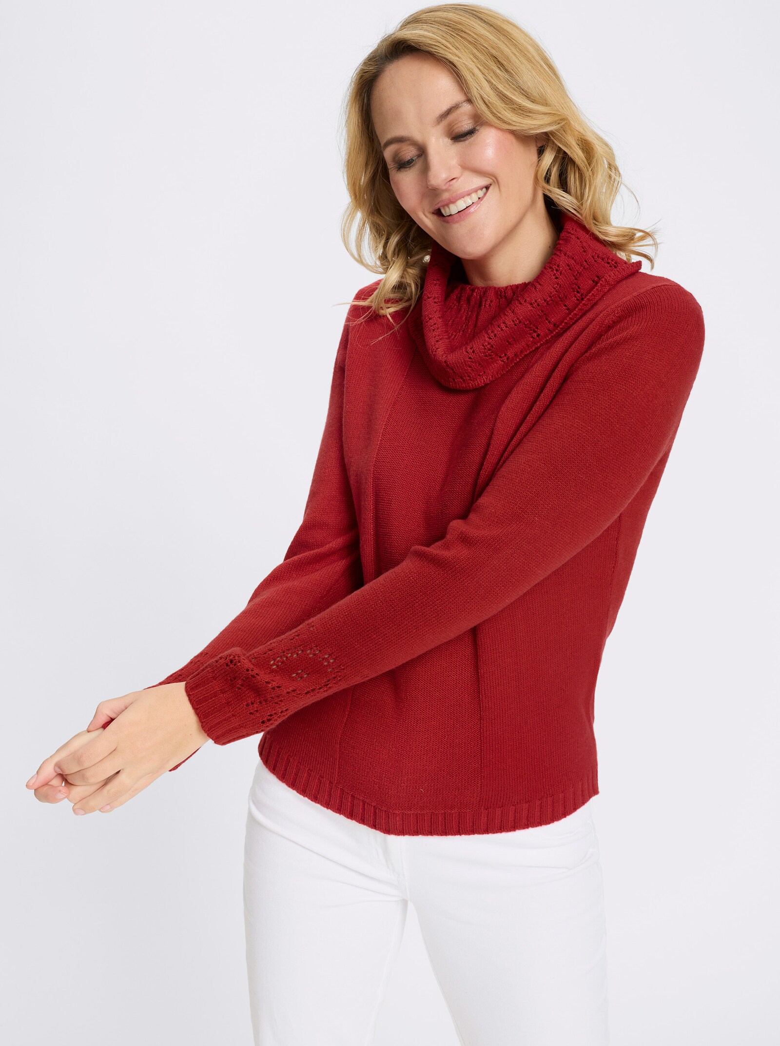Rollkragenpullover mit Ajourmuster - erdbeere