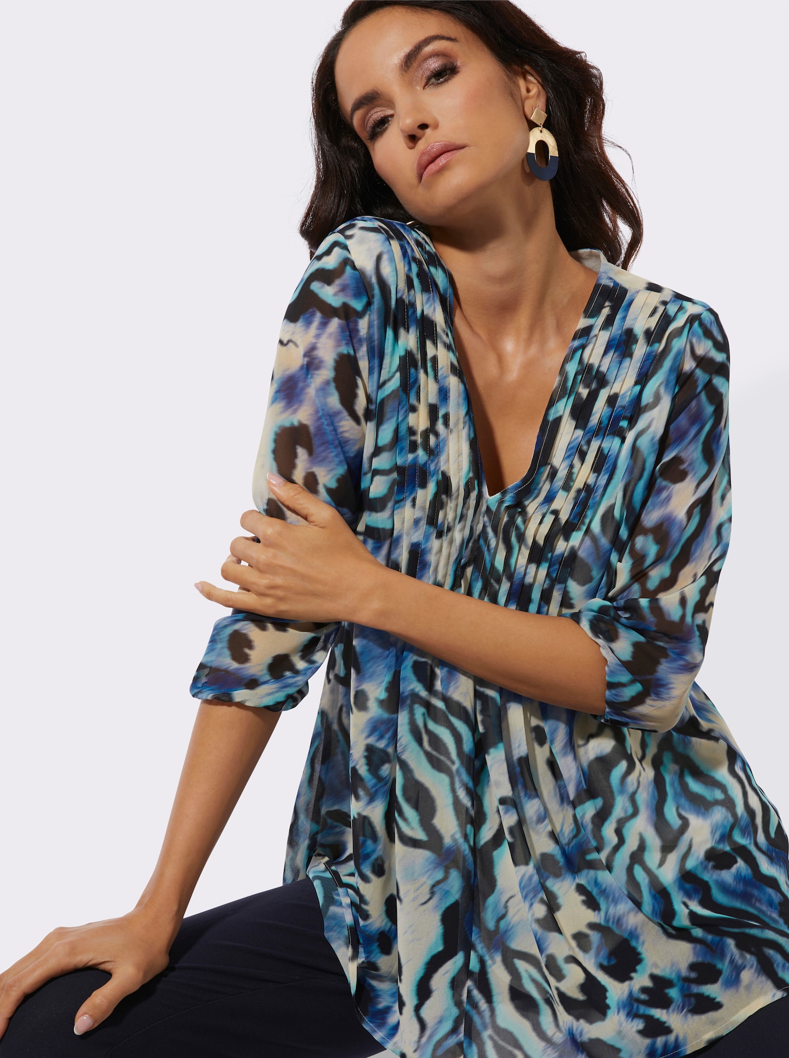 Tunique avec nervures décoratives - couleur ivoire-bleu roi imprimé