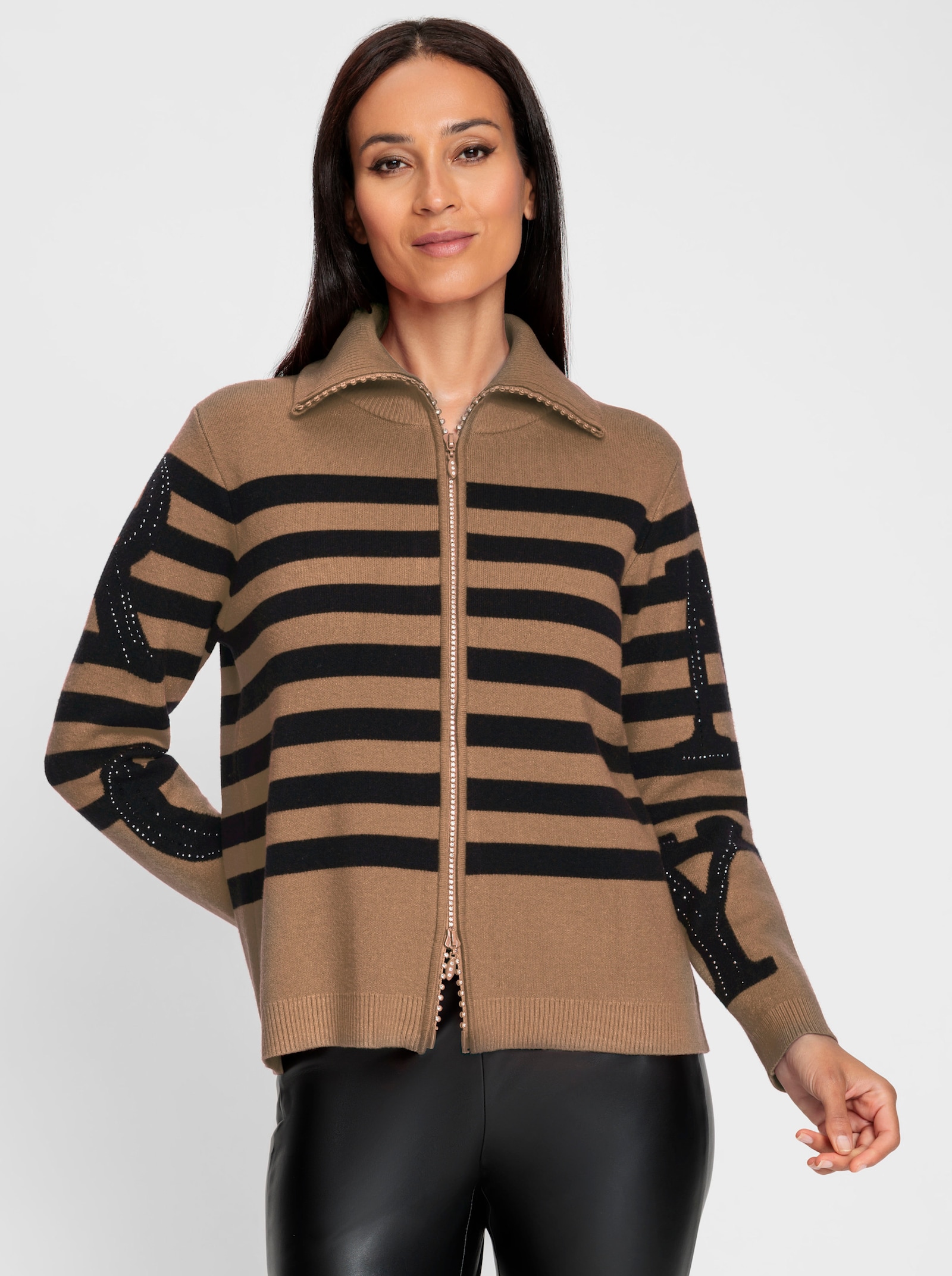 heine Vest met opstaande kraag - camel/zwart gestreept