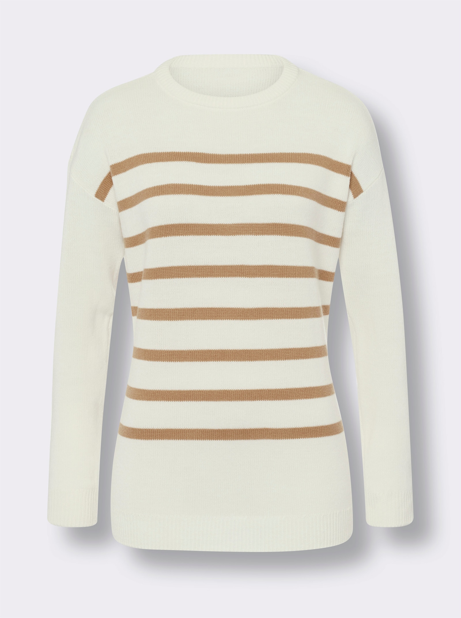 Stickad tröja med randigt mönster - ecru-kamel-randig