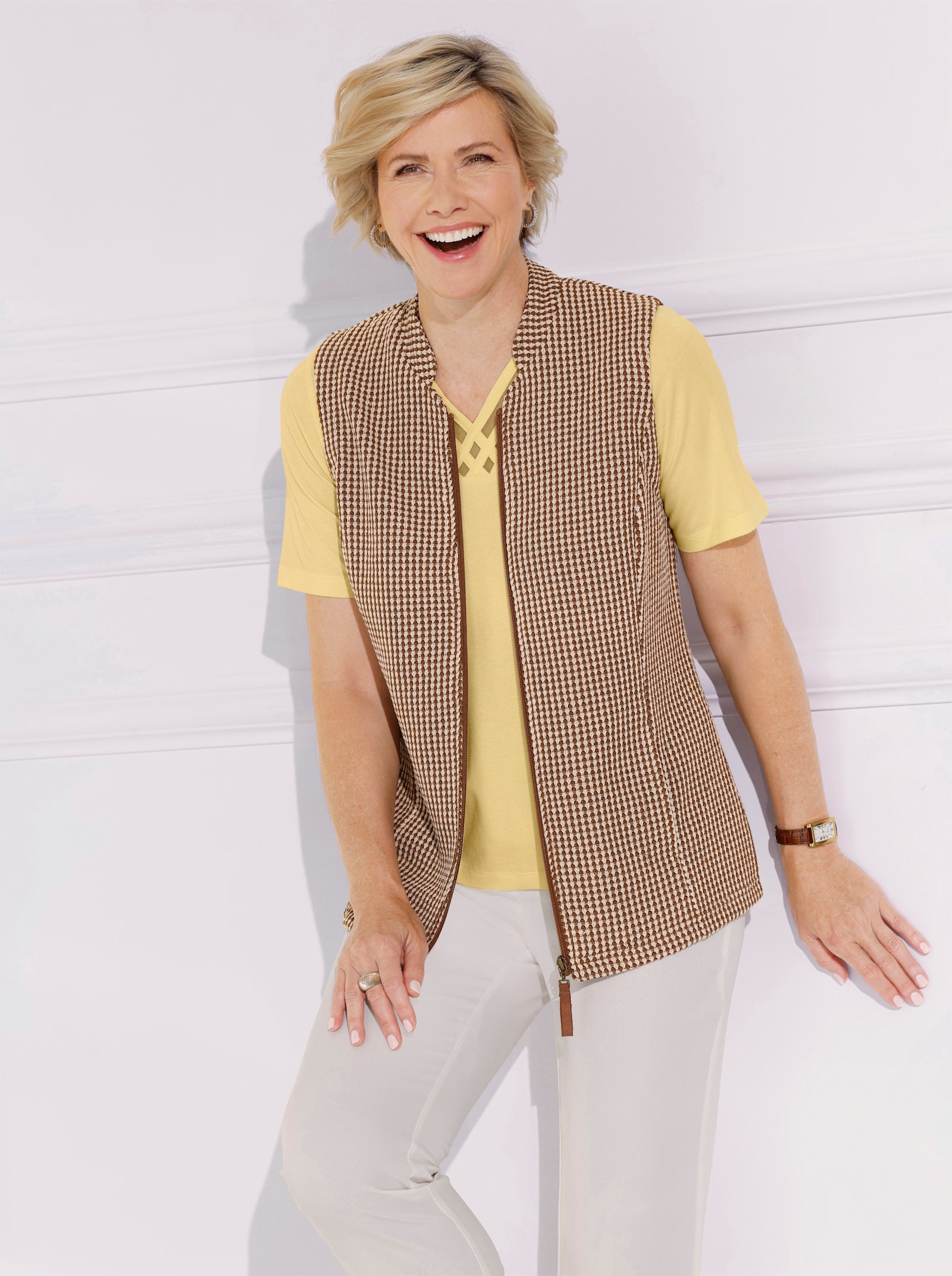 Jerseygilet met opstaande kraag - bruin/zand gedessineerd