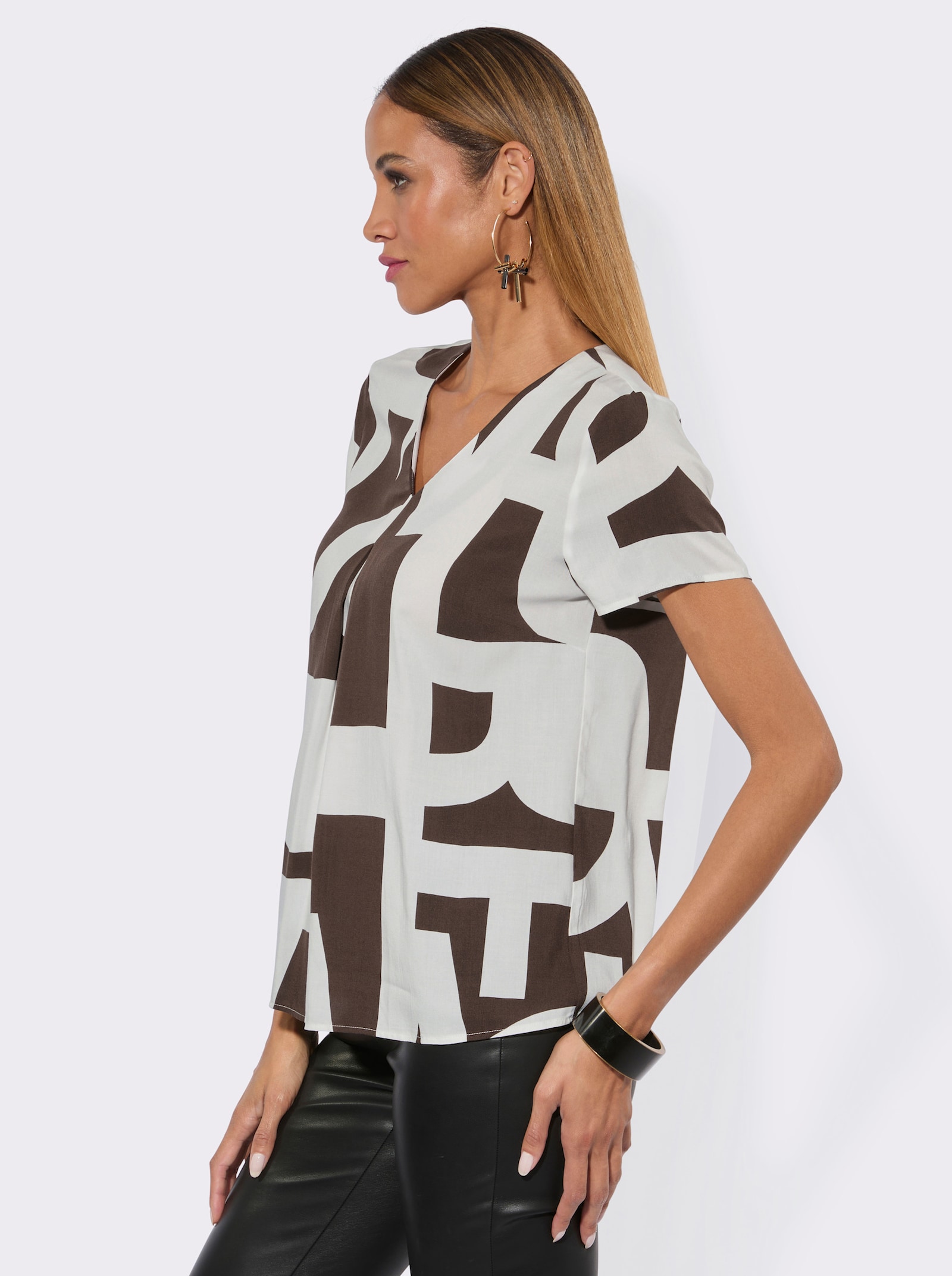 Druckbluse im Lettering-Dessin - ecru-schoko-bedruckt