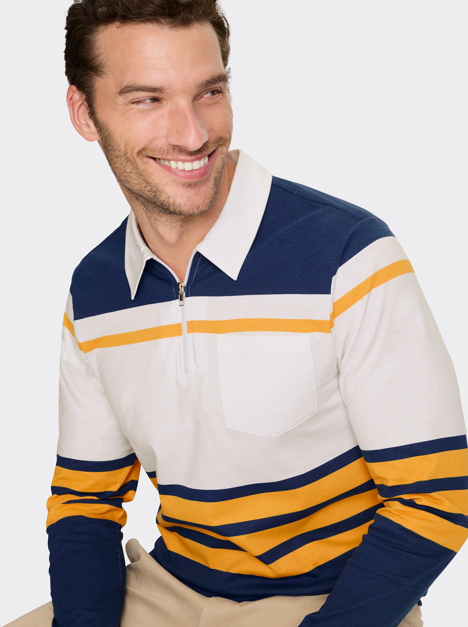 Catamaran Langarmshirt mit kurzem Reißverschluss - dunkelblau-ocker-gestreift