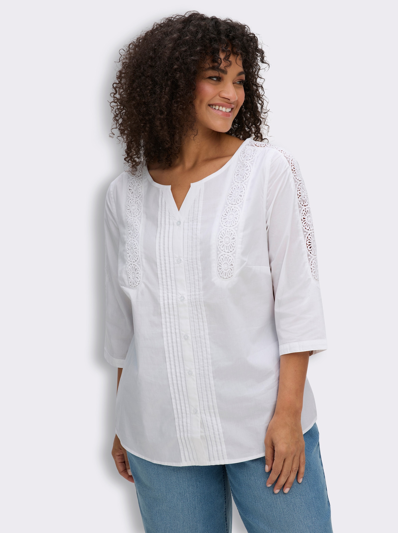 Baumwollbluse mit Biesen und Spitzen-Details - weiß