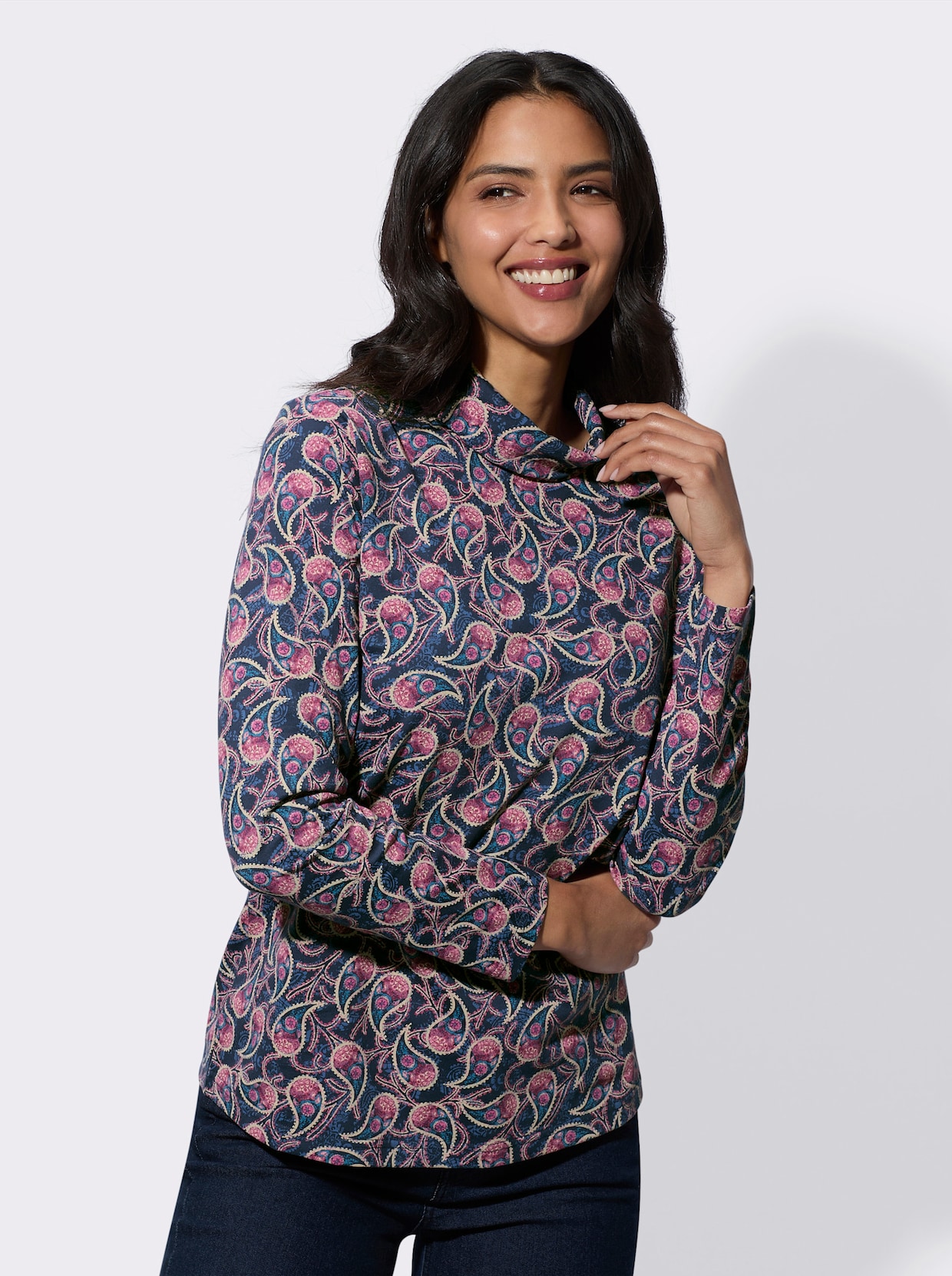 Shirt met opstaande kraag - donkerblauw/bordeaux bedrukt