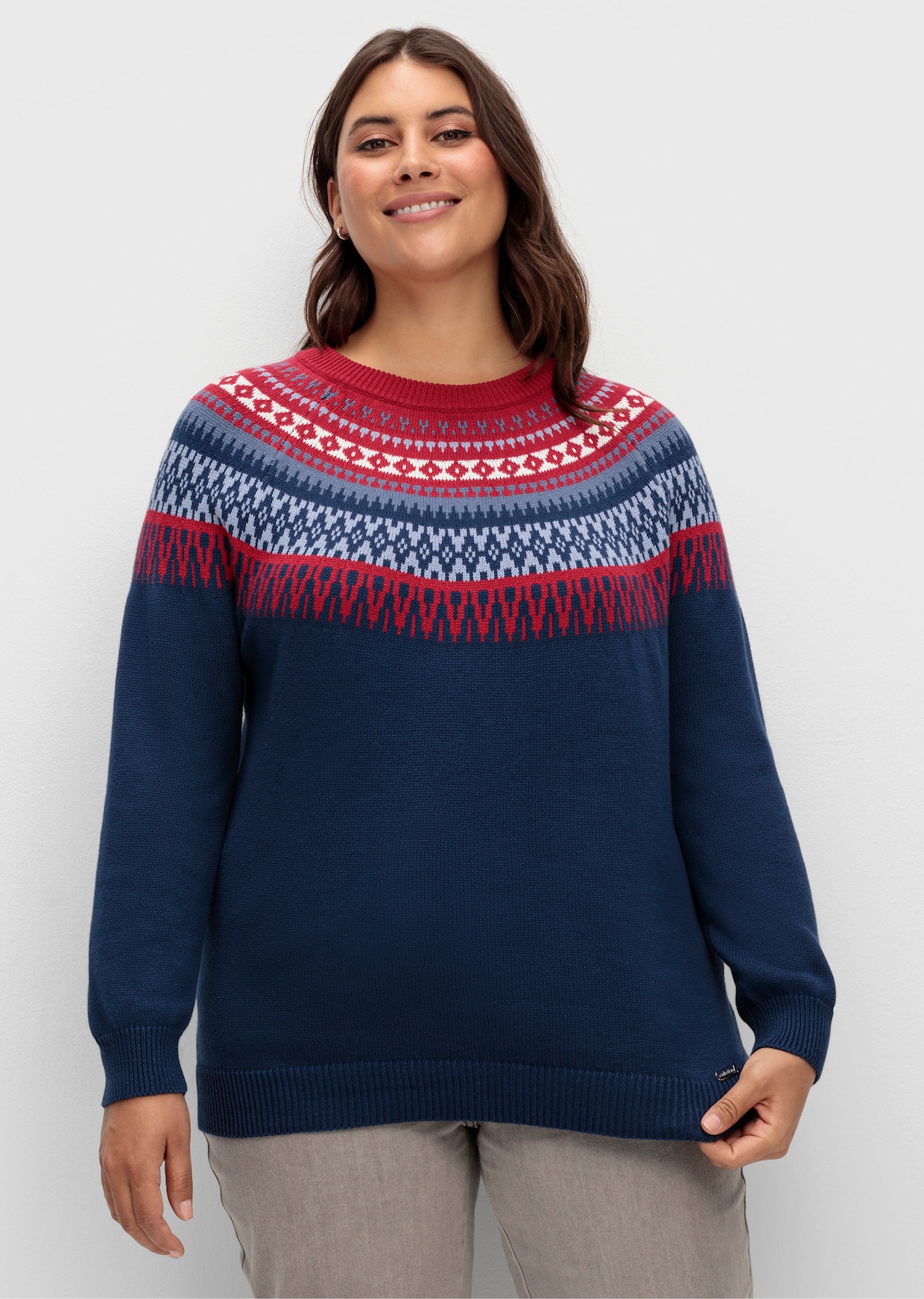 Norwegerpullover aus reiner Baumwolle - nachtblau-kirsche-gemustert