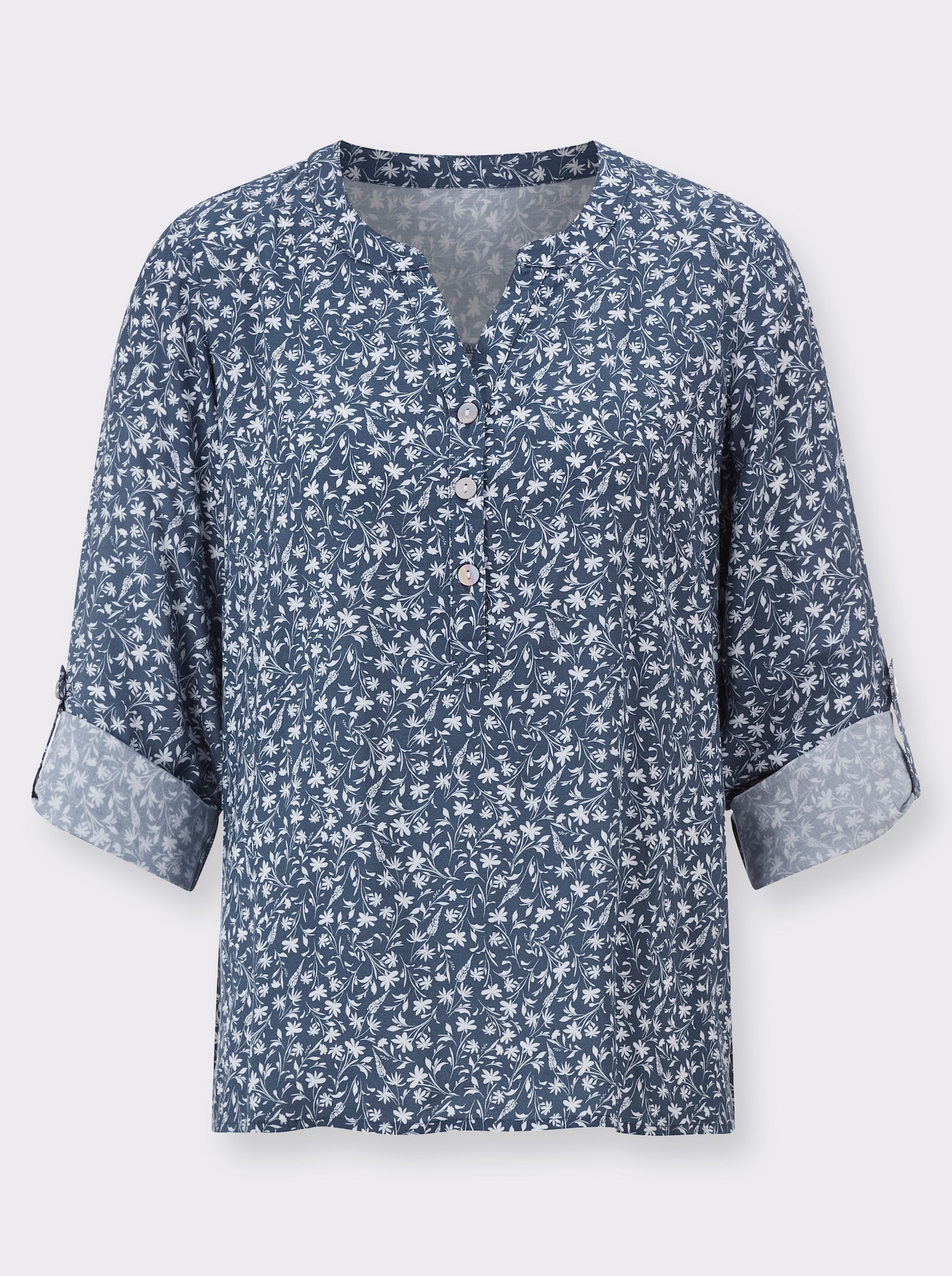 Halenka s dlouhými ohrnovacími rukávy - kouřová modrá-bílá-potisk