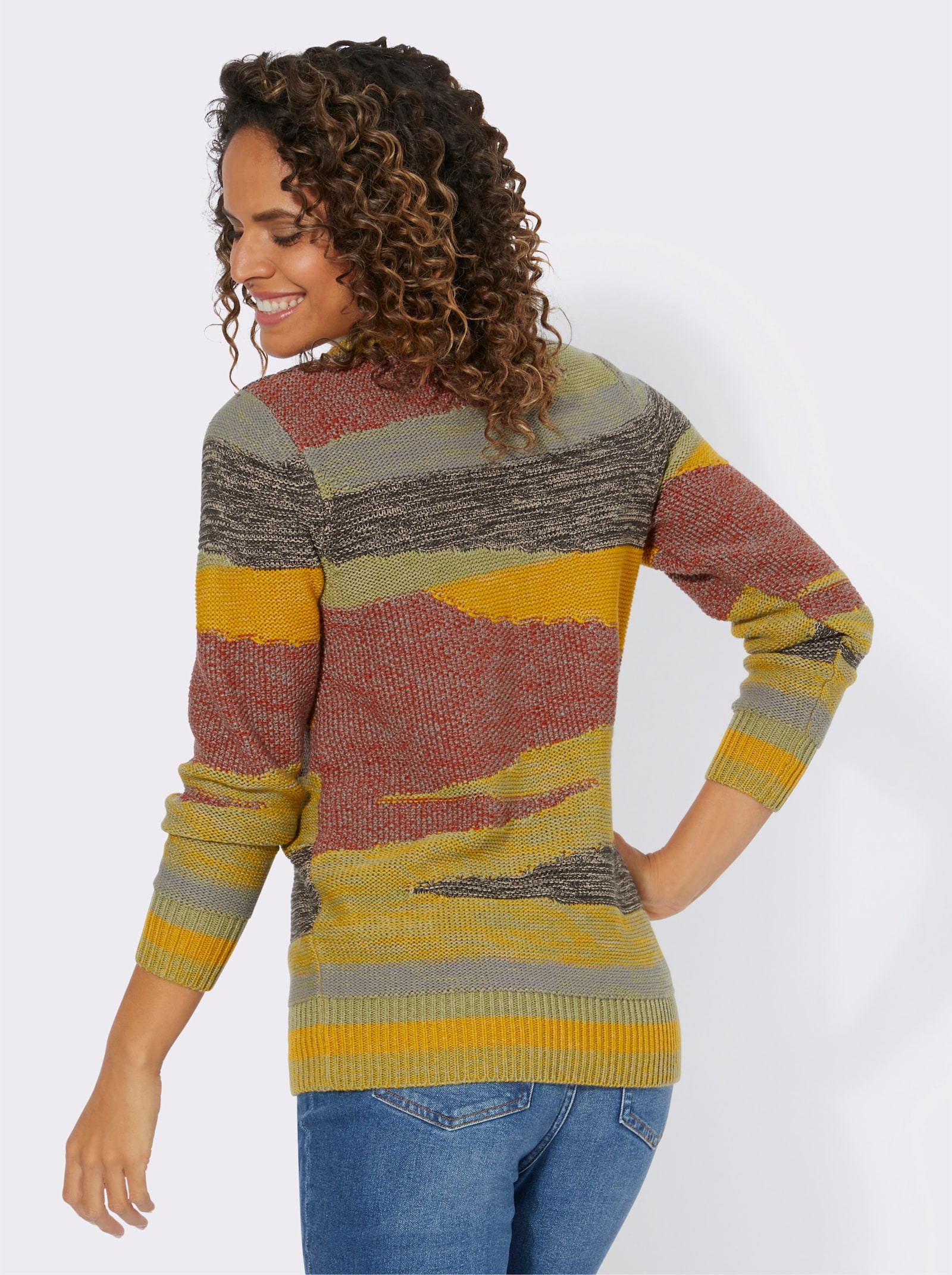 Strickpullover mit farbigen Rippbündchen - ocker-rostrot-gemustert