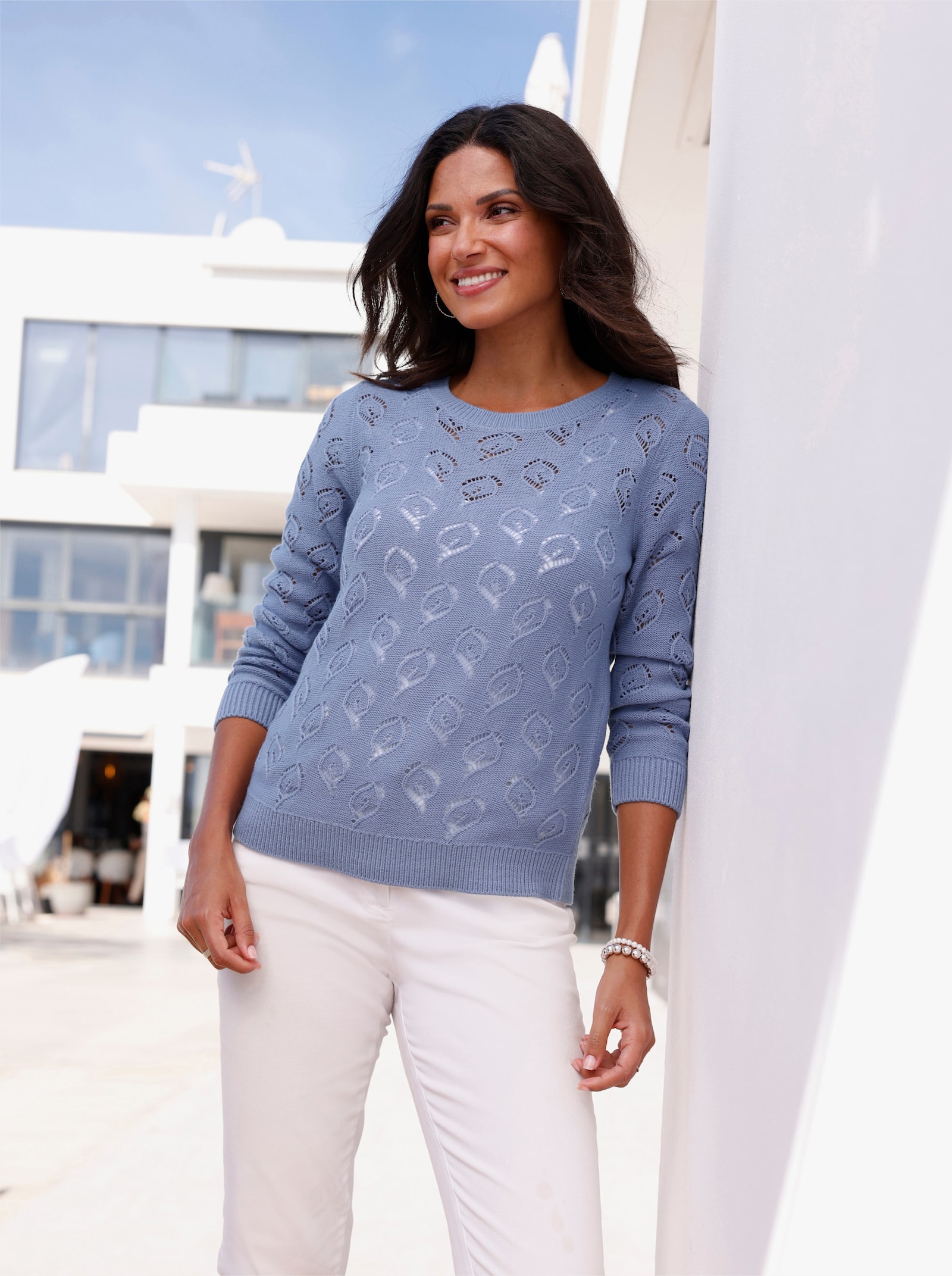 Ajourpullover mit transparenter Blätter-Optik - taubenblau