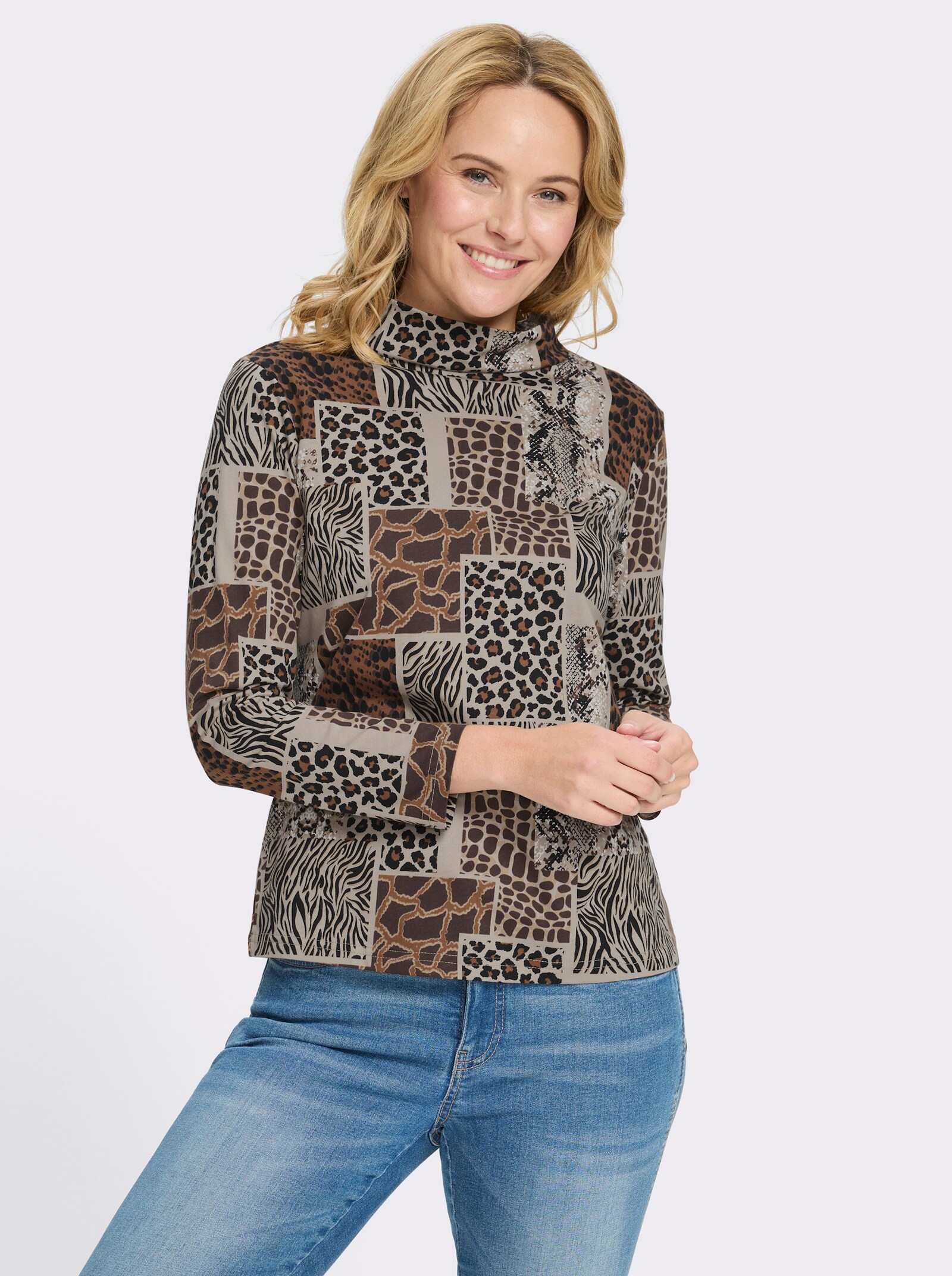 Stehkragenshirt mit Patchwork-Animal-Print - beige-schwarz-bedruckt