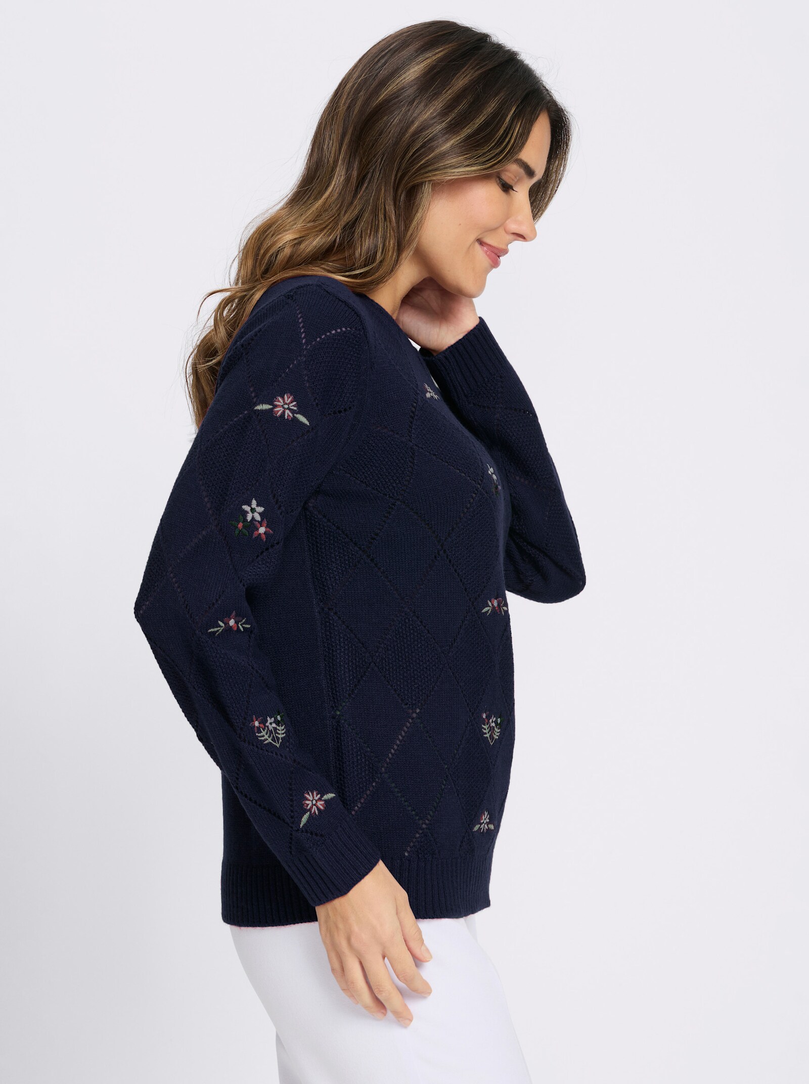 Ajourpullover mit floraler Stickerei - marine