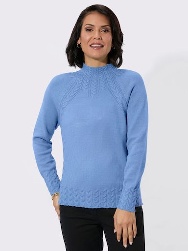 Stehkragenpullover mit Zopfmuster vorn - himmelblau