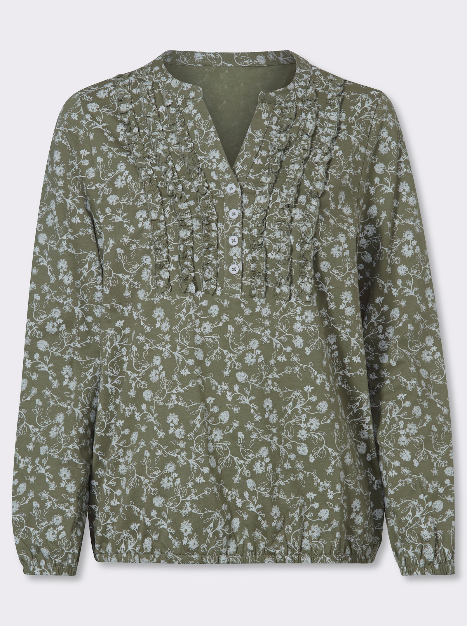 Langarmshirt mit Rüschen am Ausschnitt - khaki-ecru-bedruckt