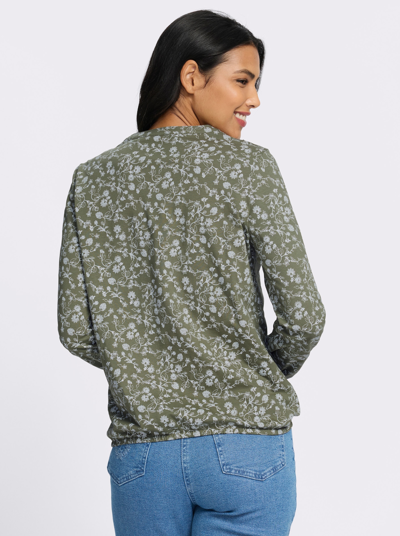 Langarmshirt mit Rüschen am Ausschnitt - khaki-ecru-bedruckt