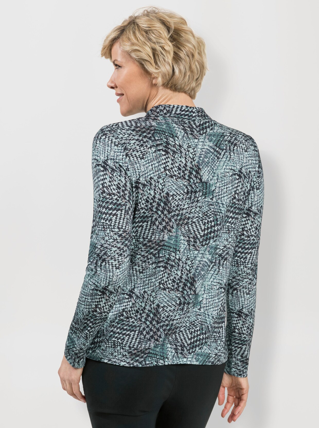 Stehkragenshirt - marine-jade-bedruckt