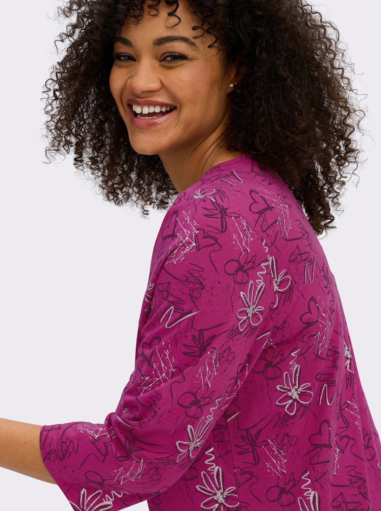 3/4-Arm-Shirt mit Herzen und Blüten verziert - fuchsia