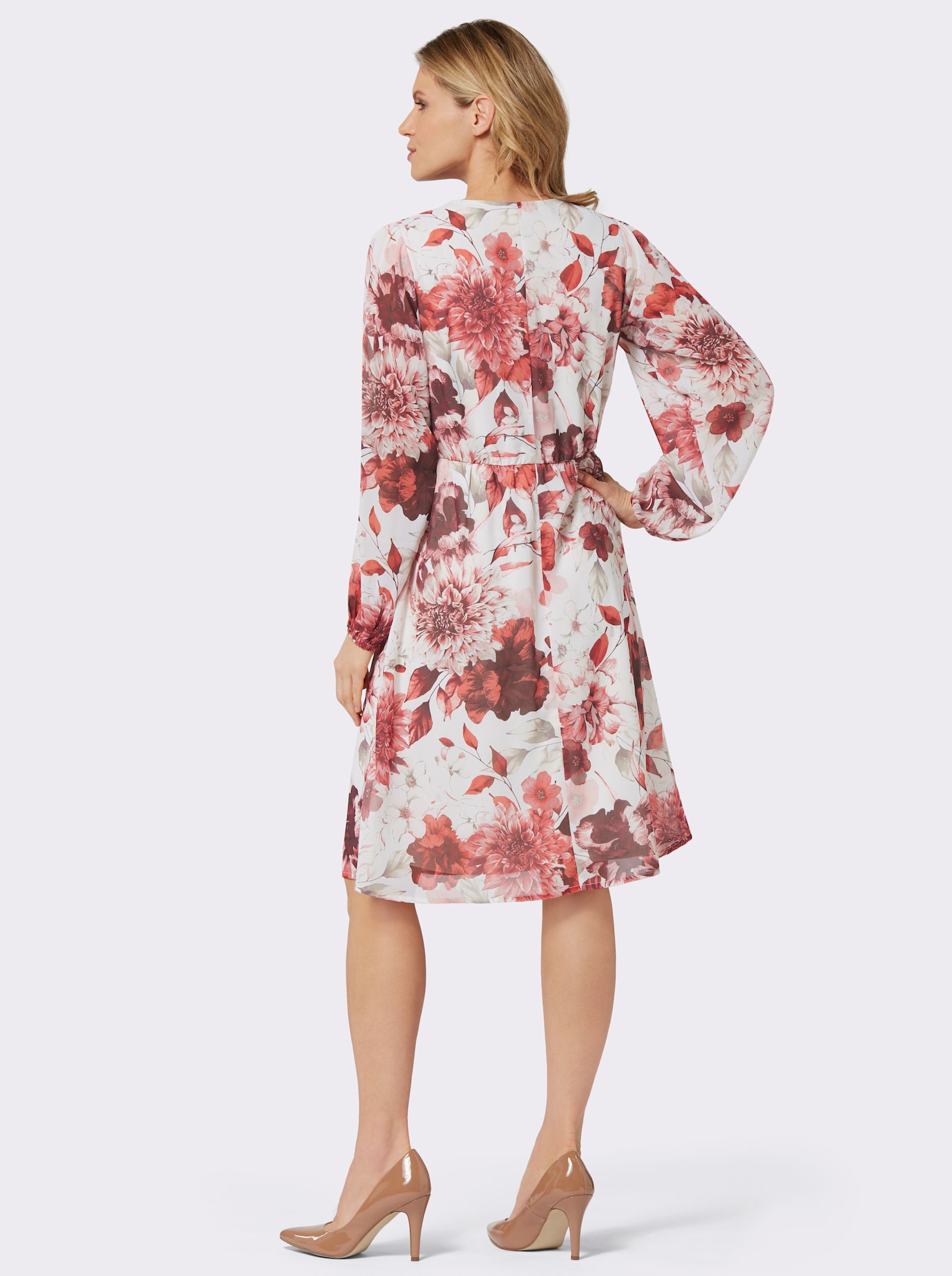 Druckkleid mit Ballonärmeln - champagner-burgund-bedruckt