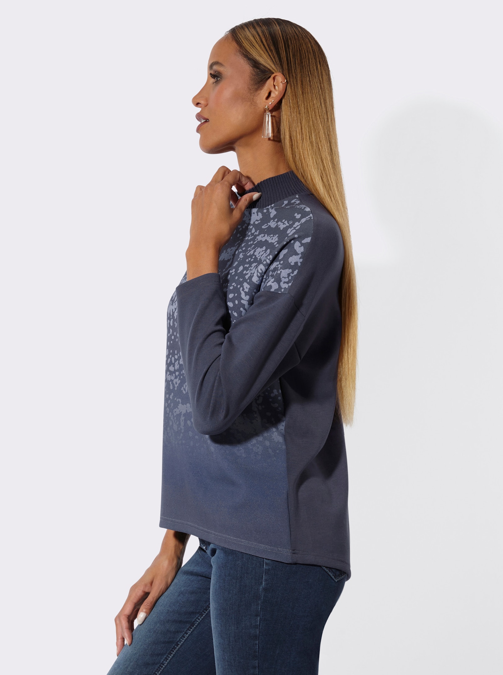 Stehkragenshirt mit platziertem Druck - marine-taubenblau-bedruckt