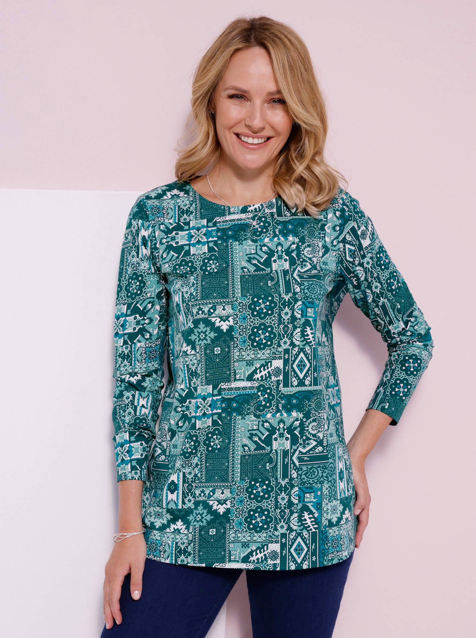 Longshirt mit Patchwork-Druck - petrol-ozean-bedruckt