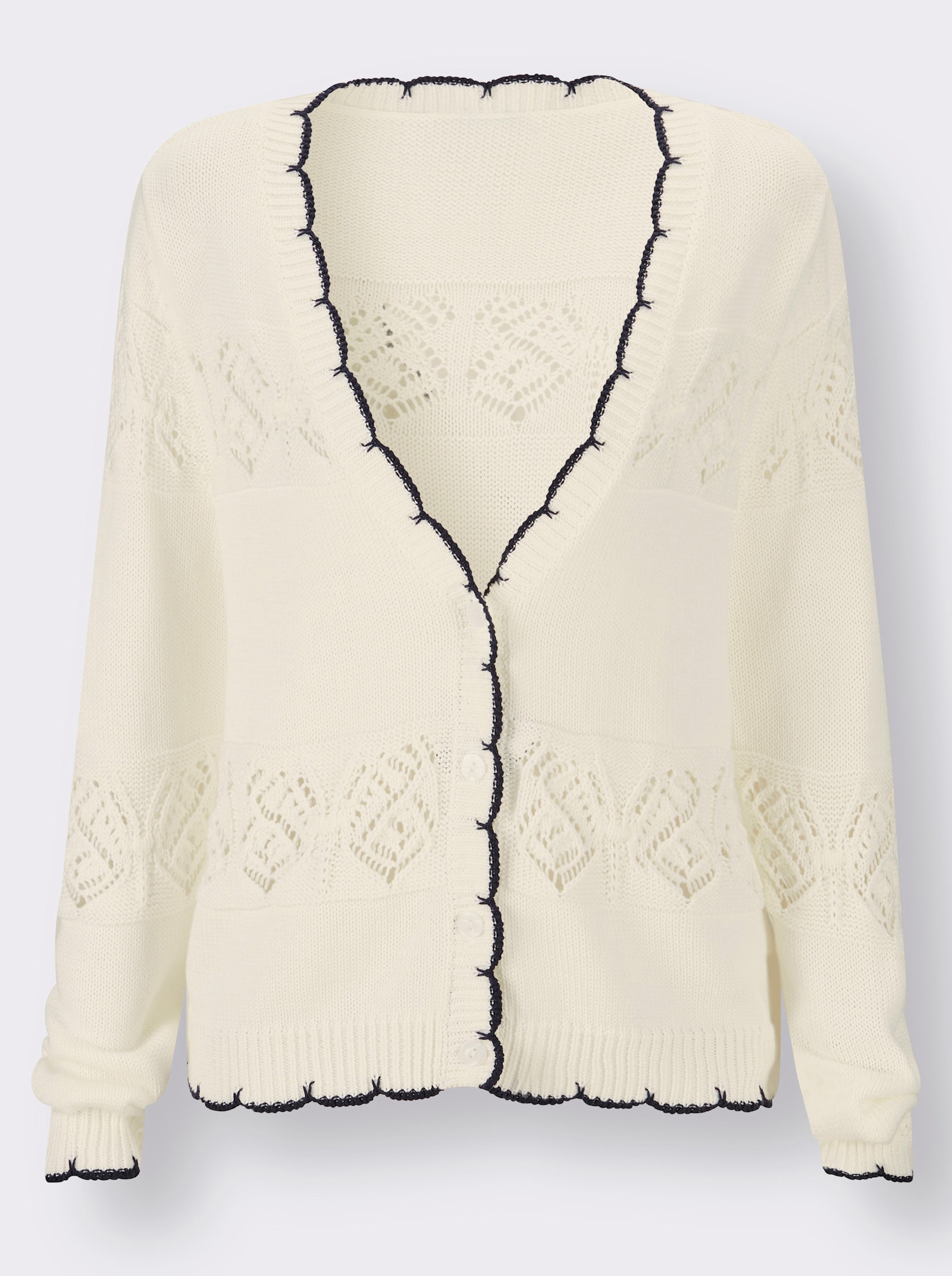 Ajourstrickjacke mit kontrastfarbigen Kanten - ecru